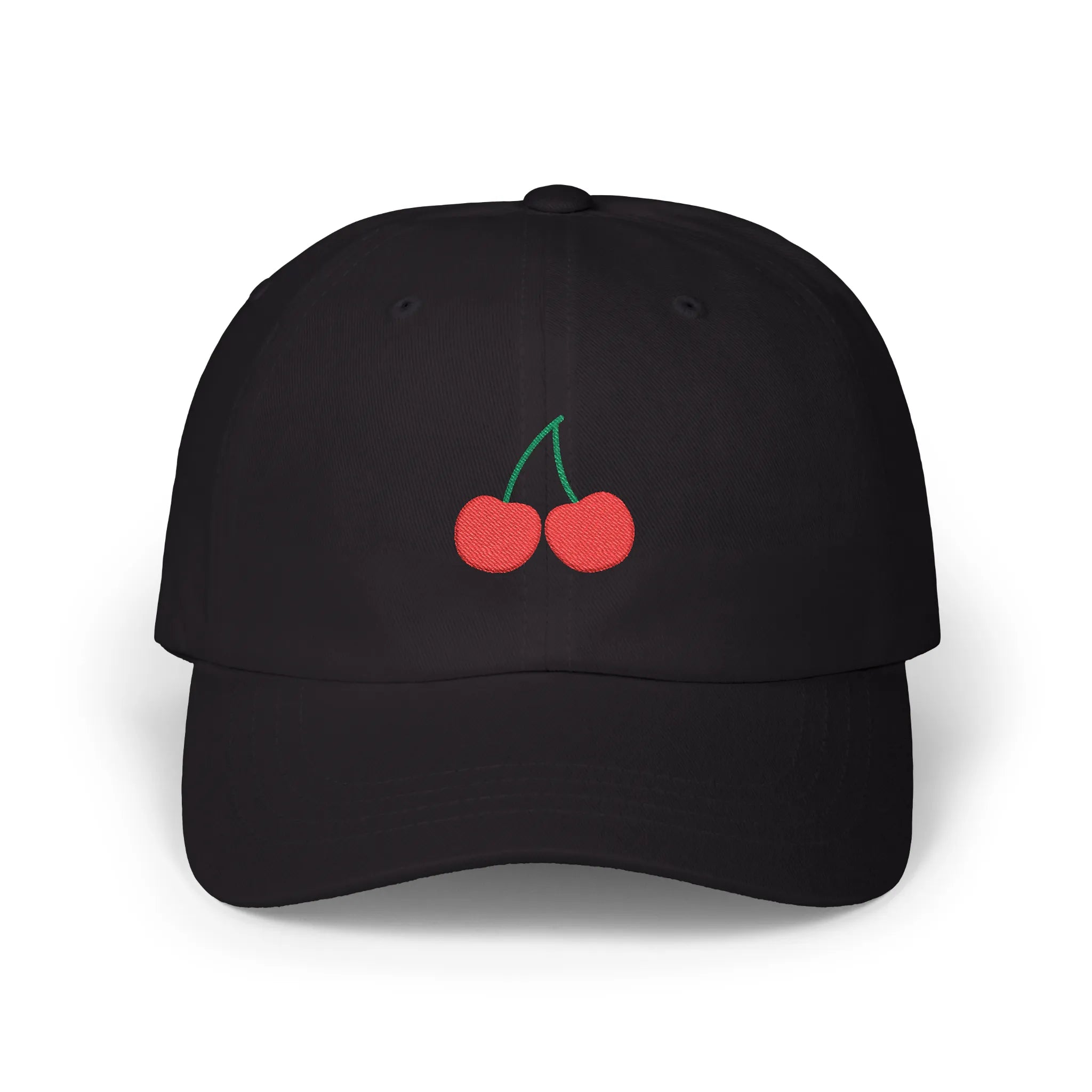 Black cherry baseball cap, front view with two red cherry embroideries and green stems