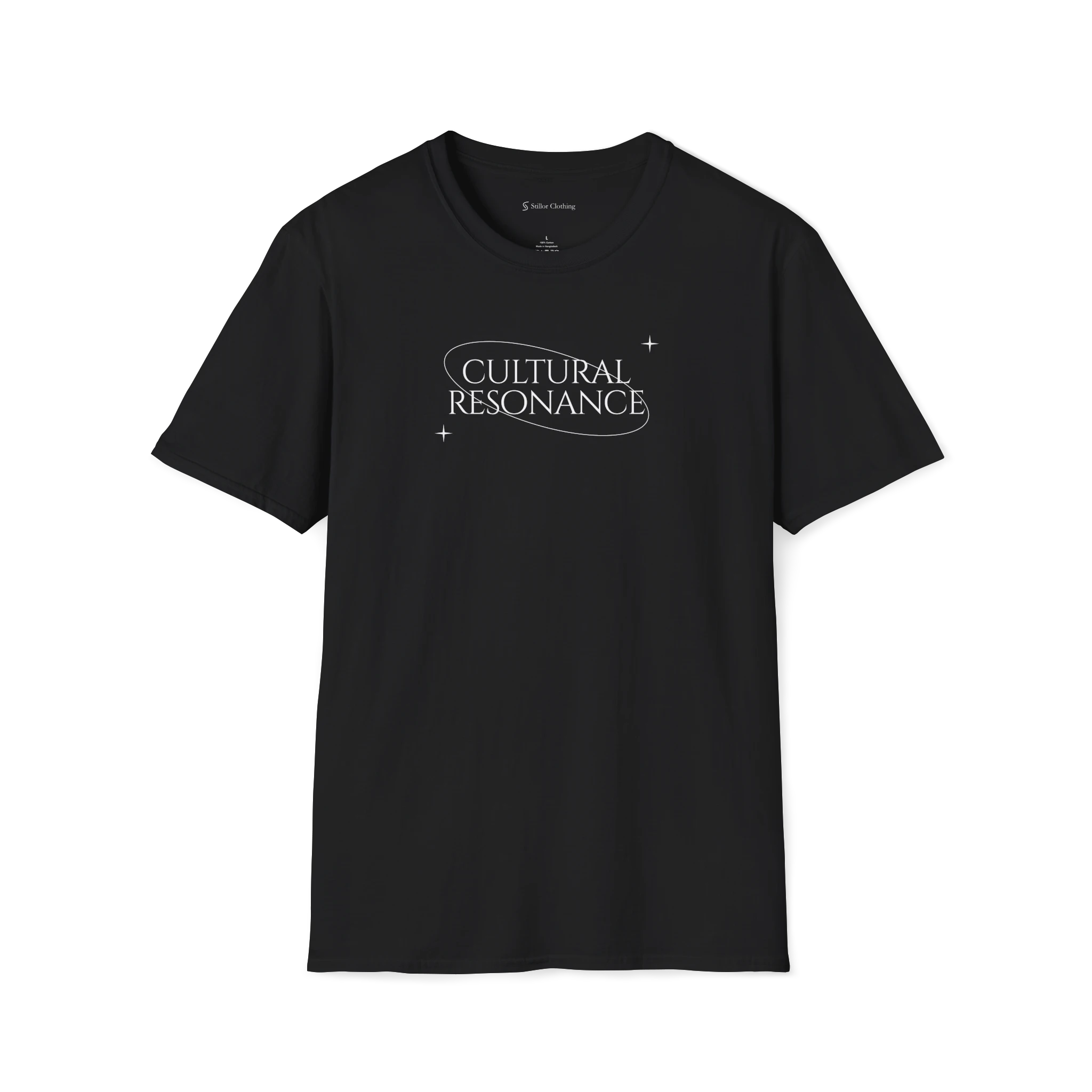Black Cultural Resonance t-shirt, front view with minimalist typography and small star details