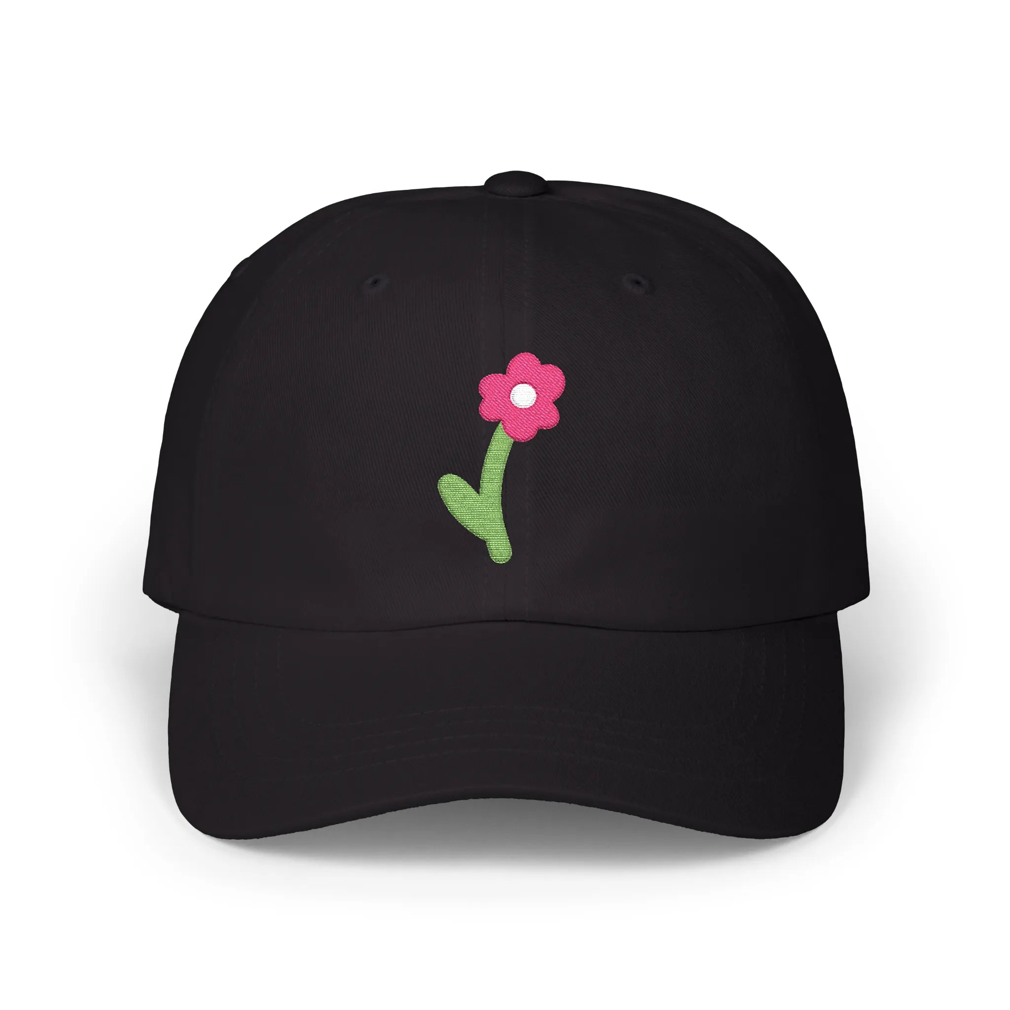 Black cute flower baseball cap, front view with pink flower and green stem embroidery