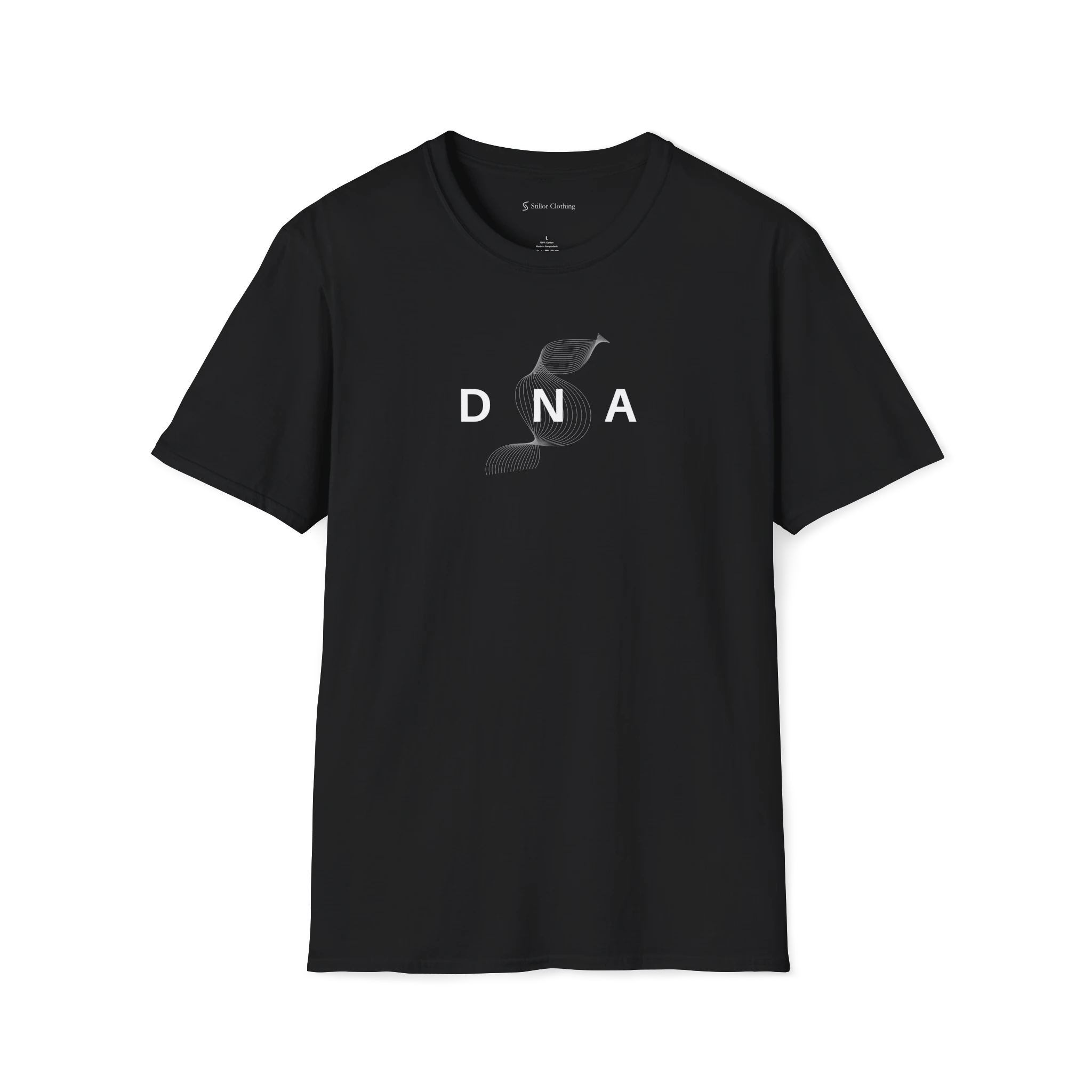 Black DNA t-shirt, front view with minimal helix line artwork and spaced lettering.
