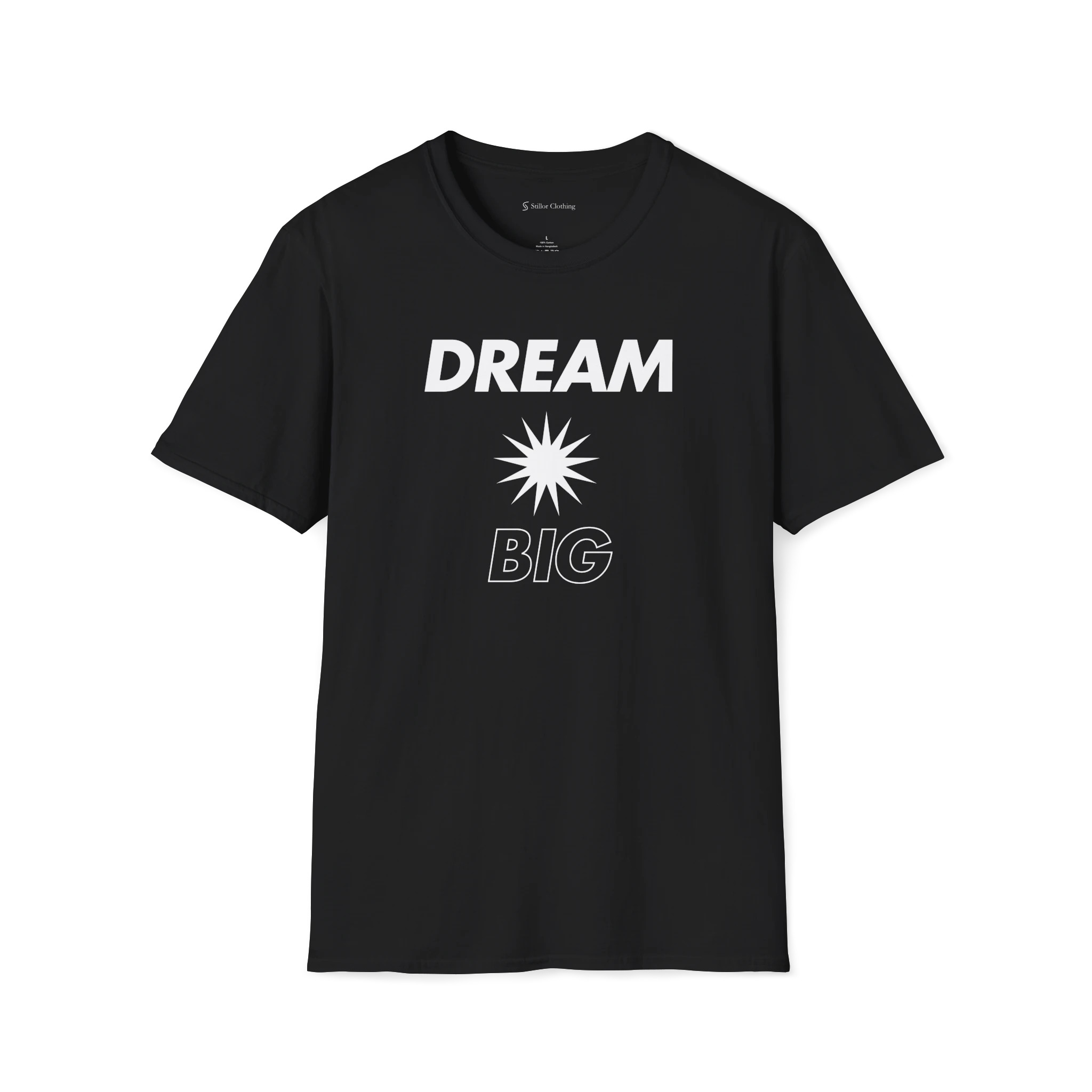 Black Dream Big T-Shirt, front view with blue bold text and starburst graphic