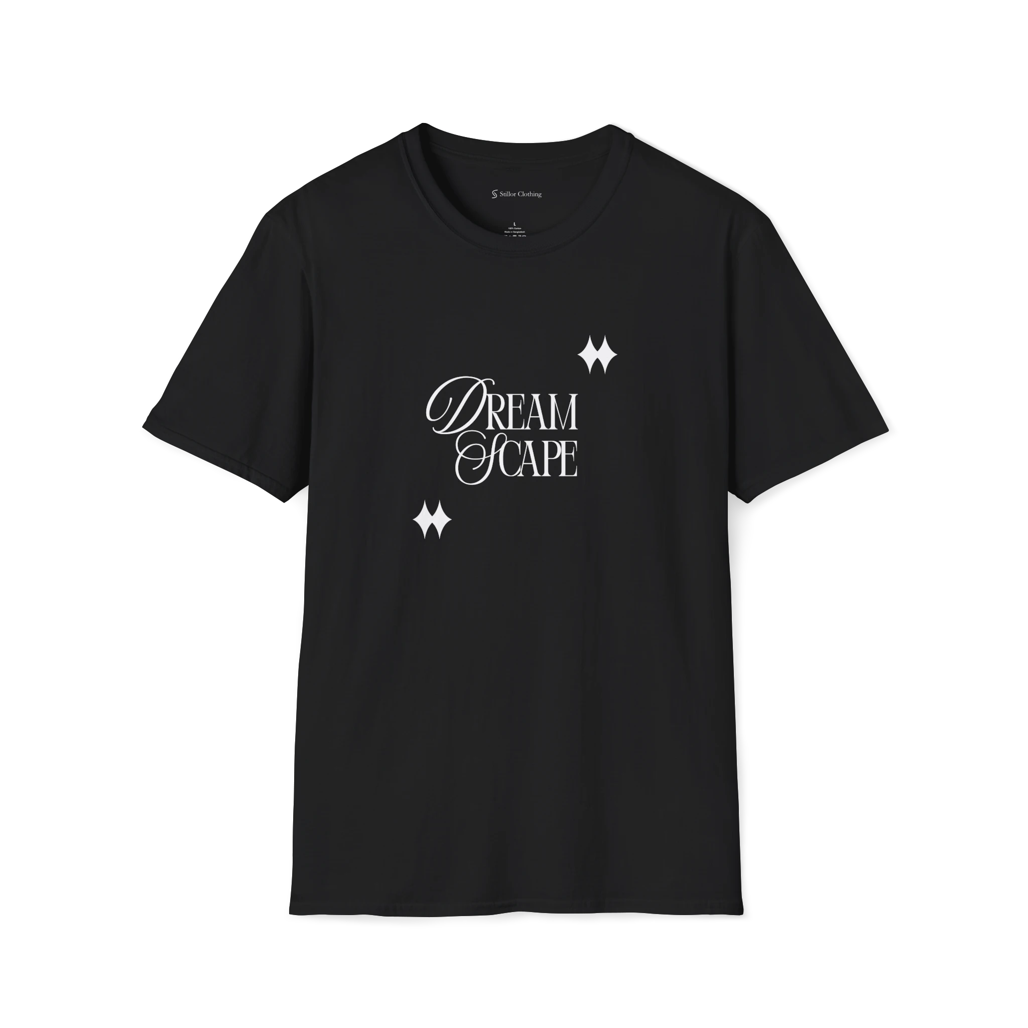 Black DreamScape t-shirt, front view with elegant Dream Scape lettering and blue sparkle accents