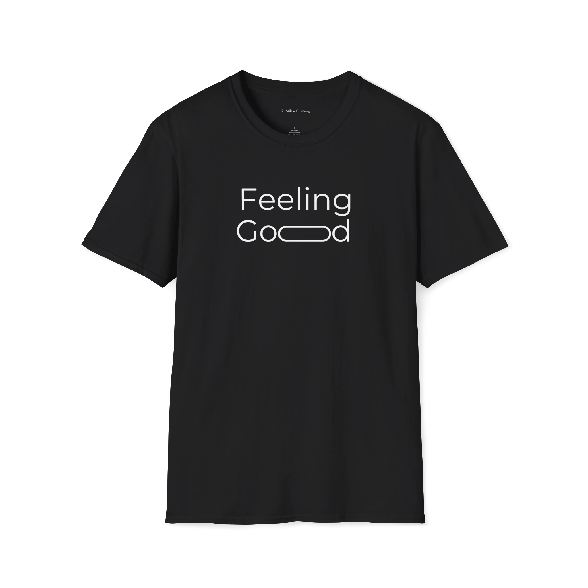 Black Feeling Good T-Shirt, front view showing minimalist typography with a stretched “oo” detail.