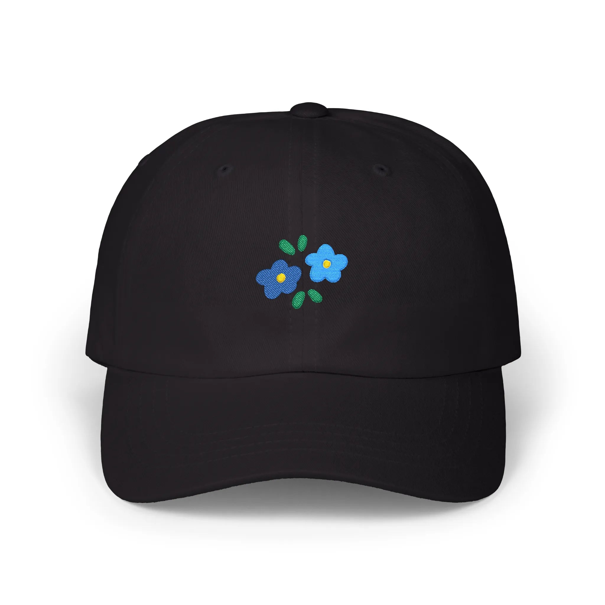 Black flowers baseball cap, front view with two blue flower embroideries and green leaves