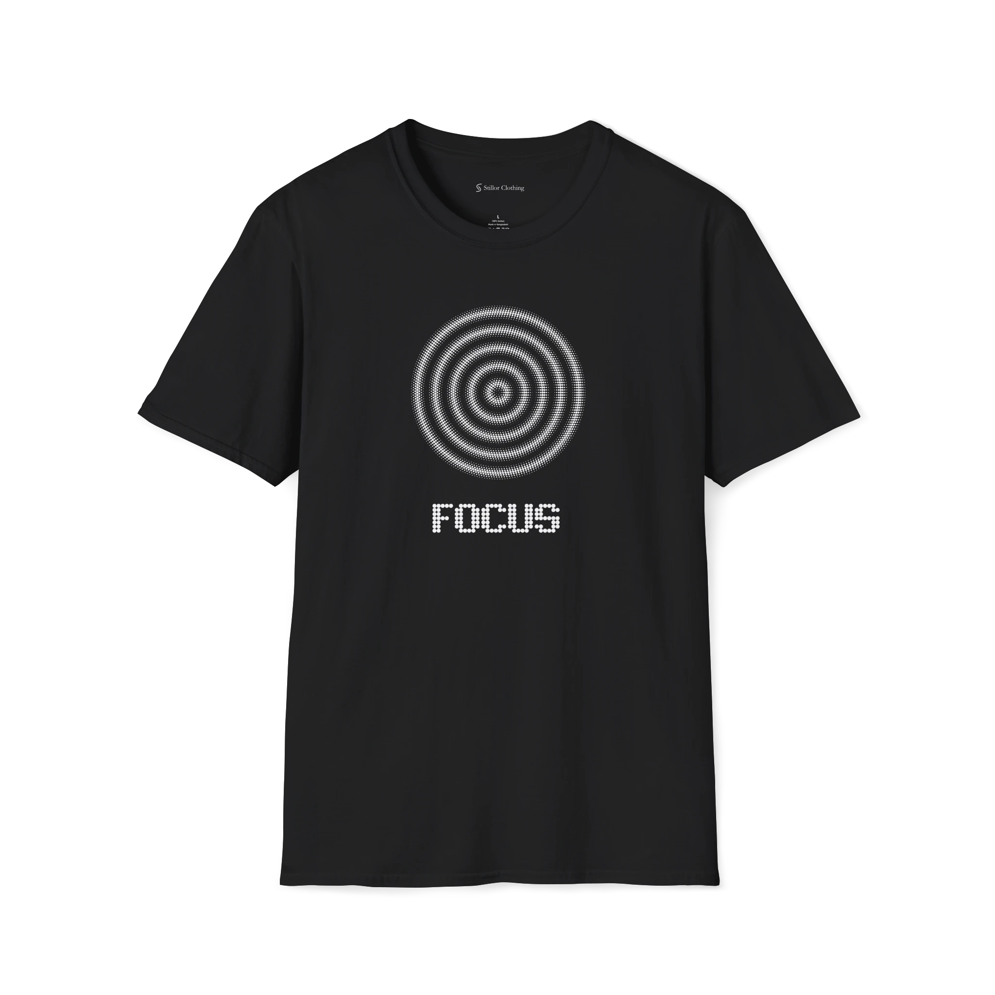 Black Focus t-shirt, front view with dotted spiral target graphic and focus text