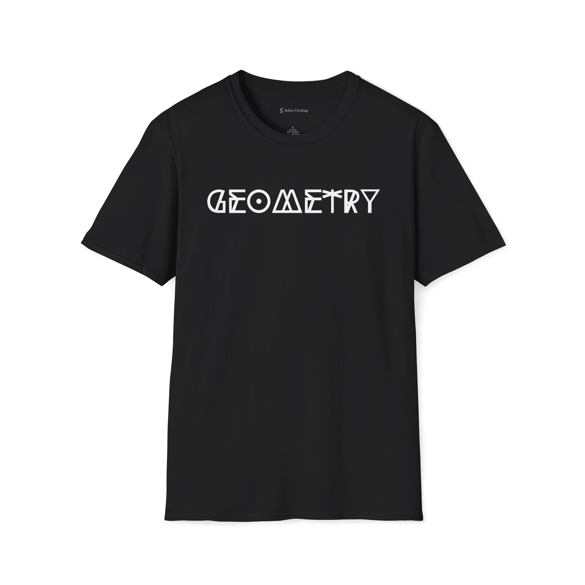 Black Geometry T-Shirt, front view with black geometric typography across the chest
