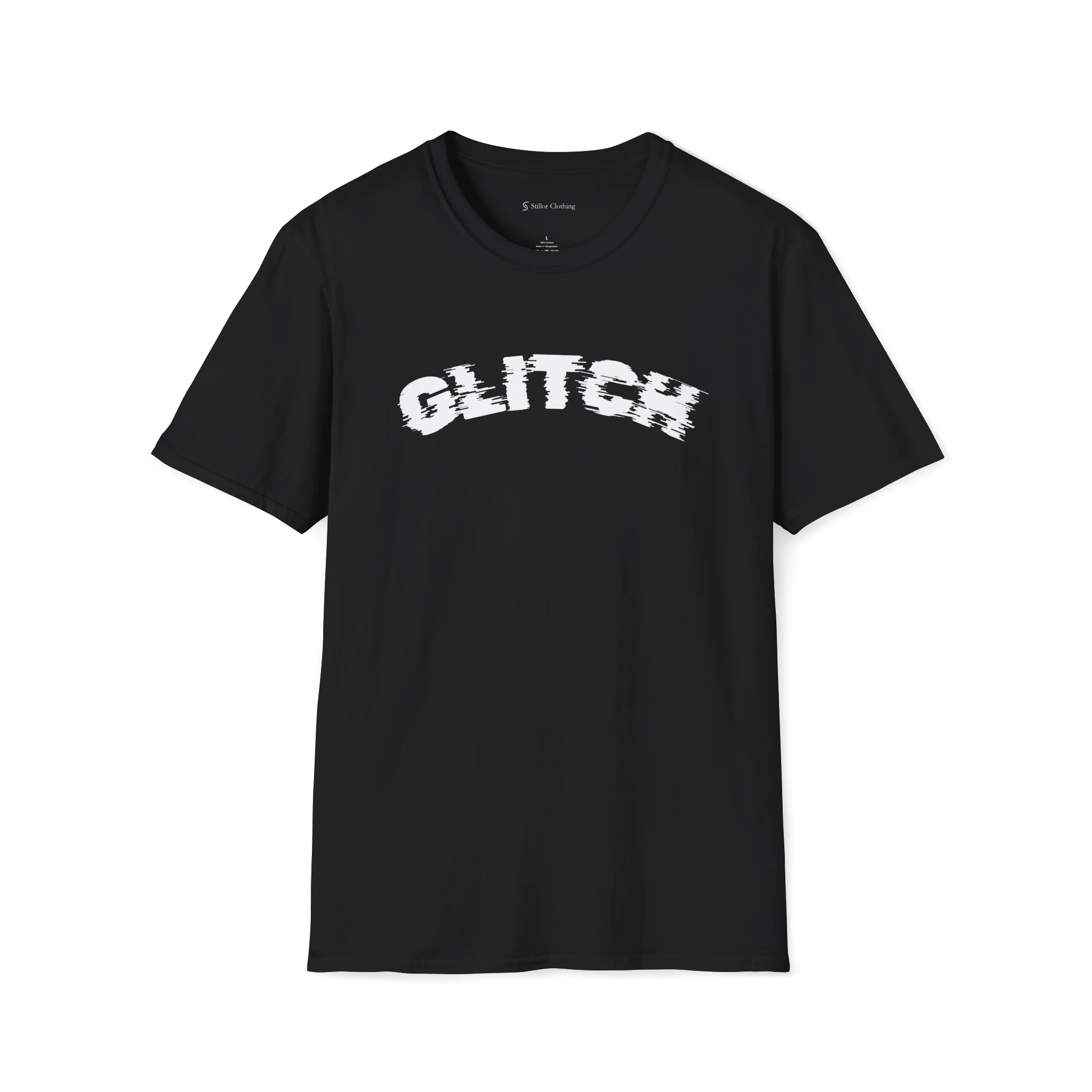 Black Glitch T-Shirt, front view with distorted black arched glitch text print