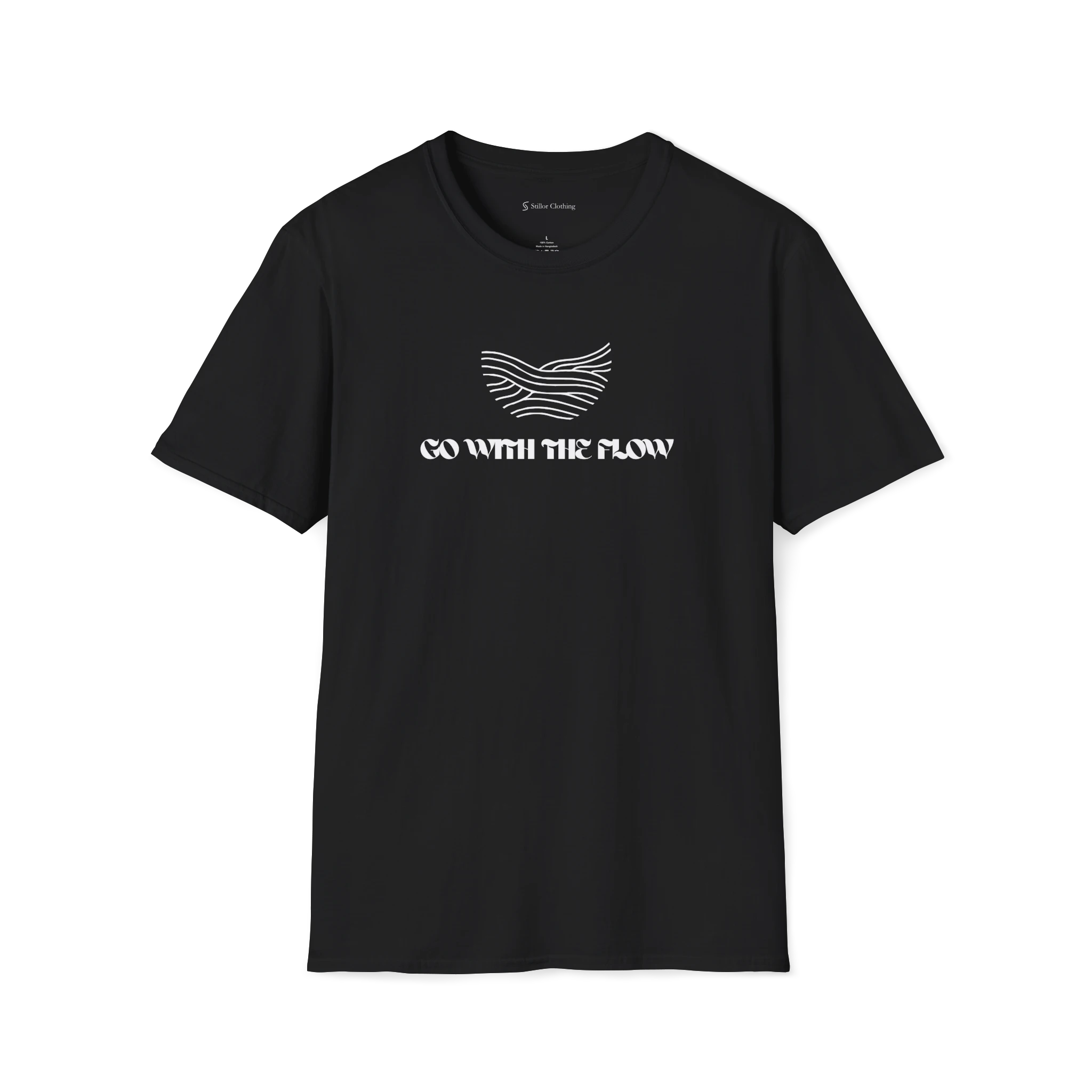 Black Go With The Flow t-shirt, front view with black wave line artwork above bold text.