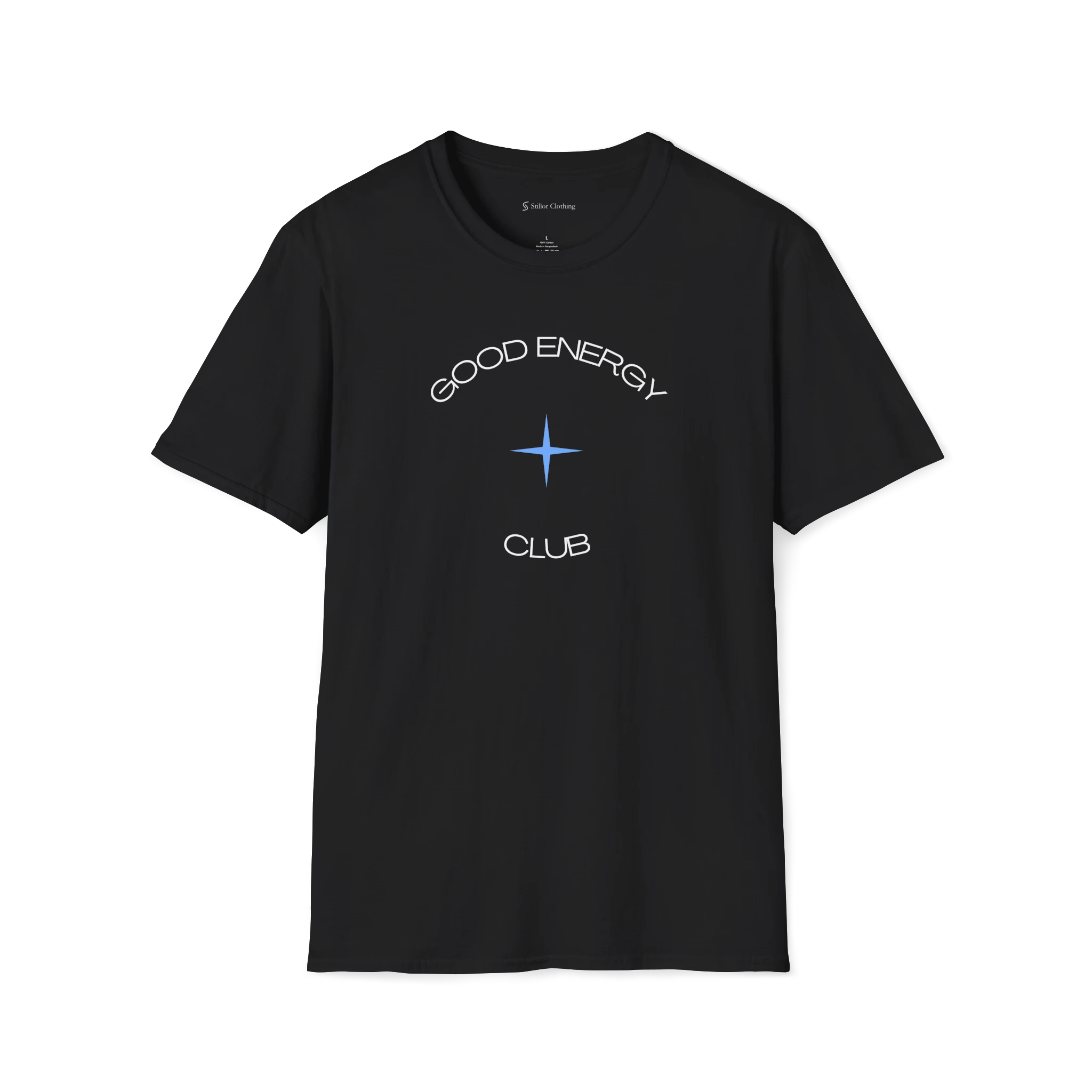 Black Good Energy Club T-shirt, front view with curved text and blue star graphic