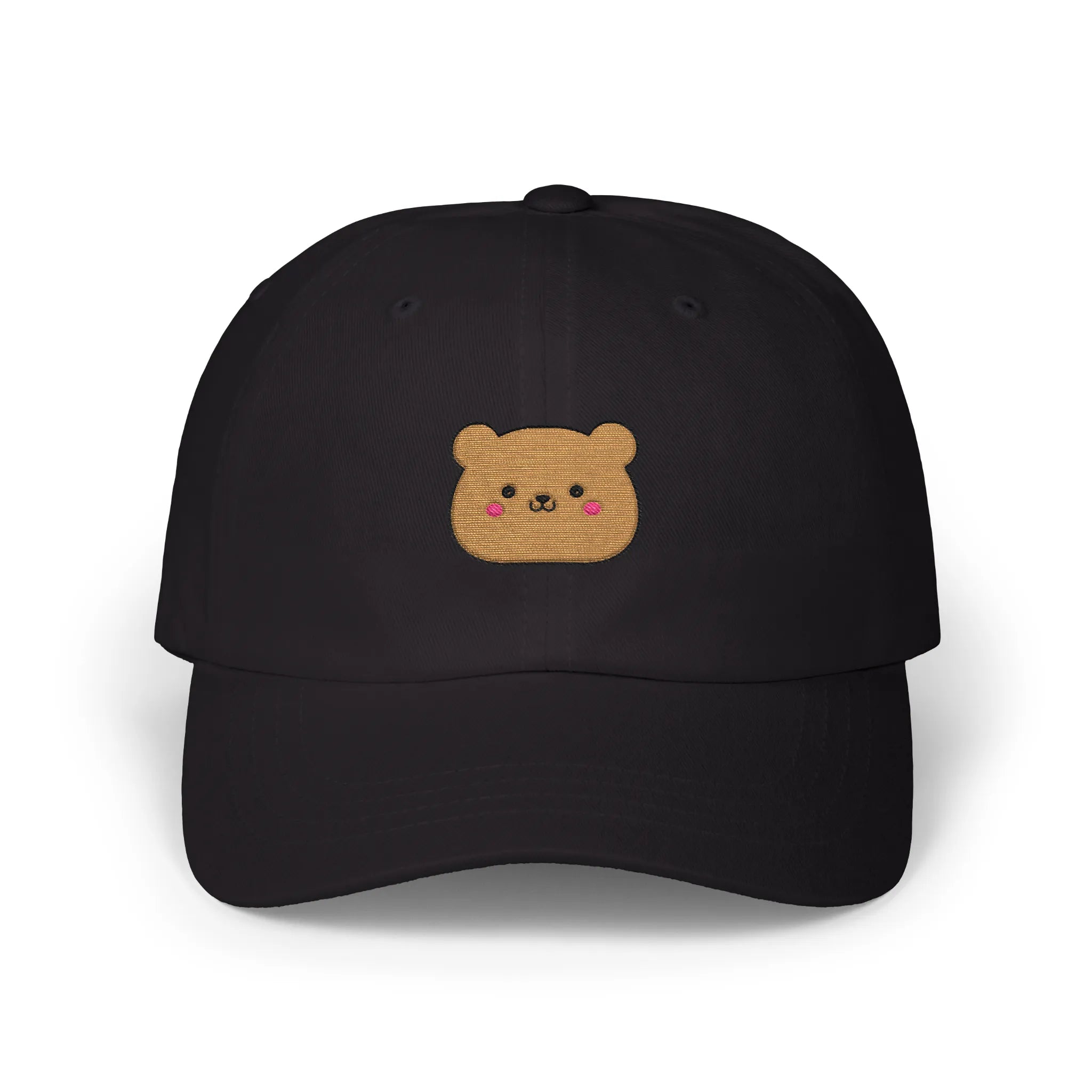 Black happy teddy baseball cap, front view with brown teddy face embroidery and pink cheeks