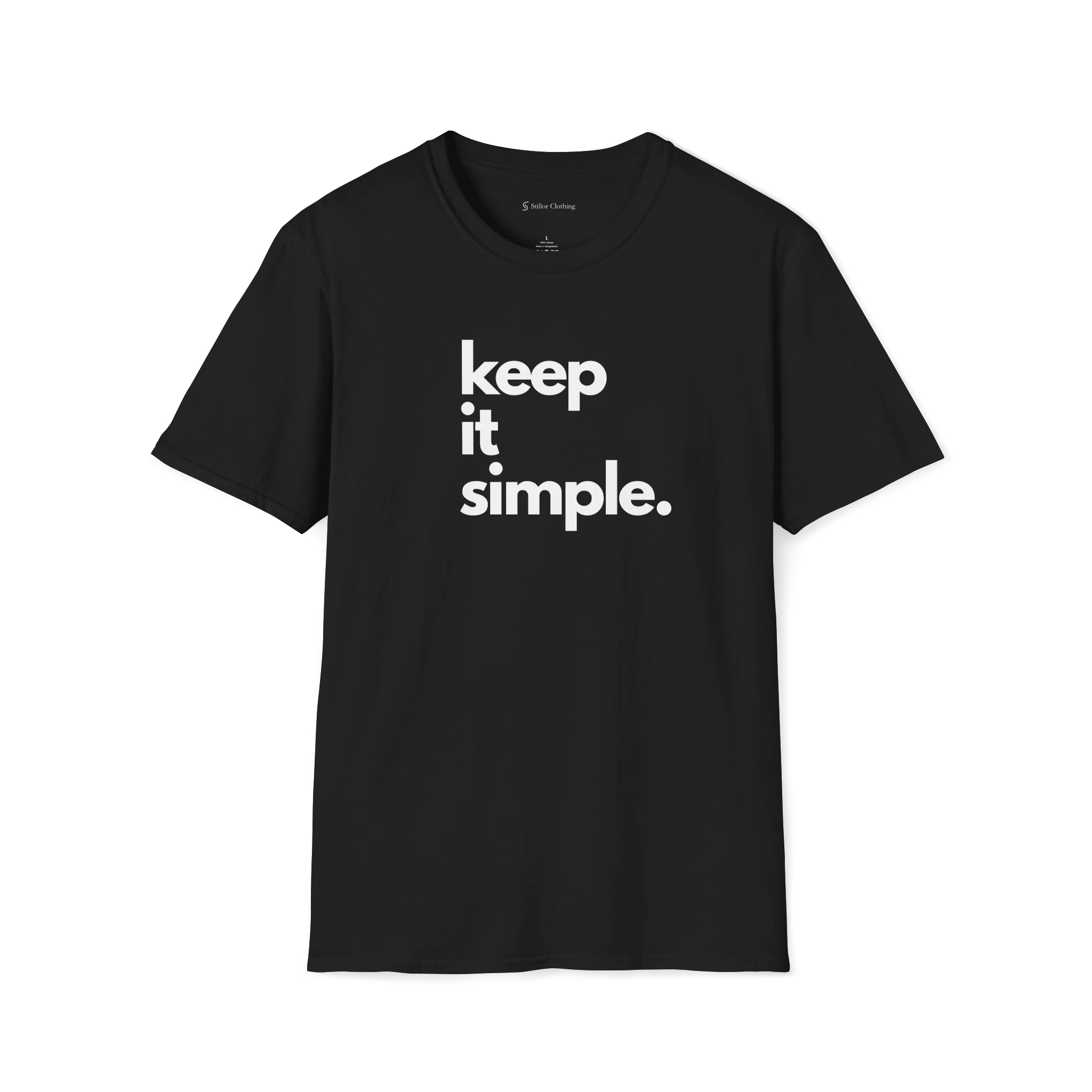 Black Keep It Simple t-shirt, front view with bold stacked black text graphic