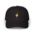 Black lightning bolt baseball cap, front view with yellow bolt embroidery at center