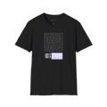 Black Lost & Found T-Shirt, front view with maze graphic, green dot, and purple FOUND text block.