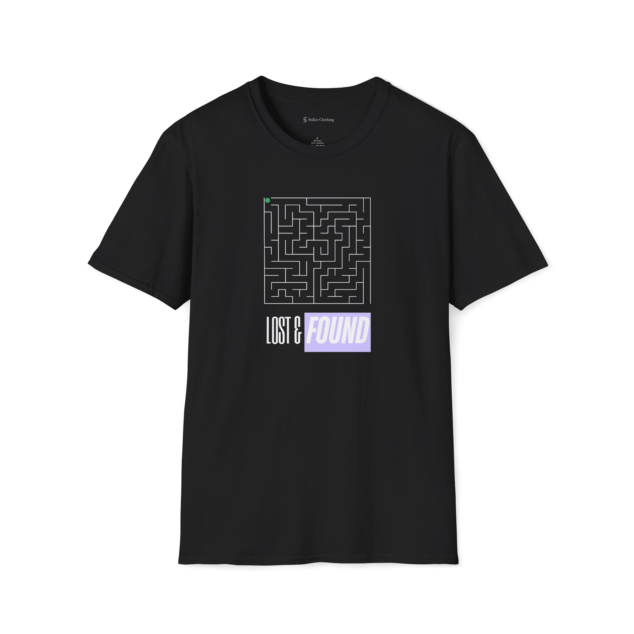 Black Lost & Found T-Shirt, front view with maze graphic, green dot, and purple FOUND text block.