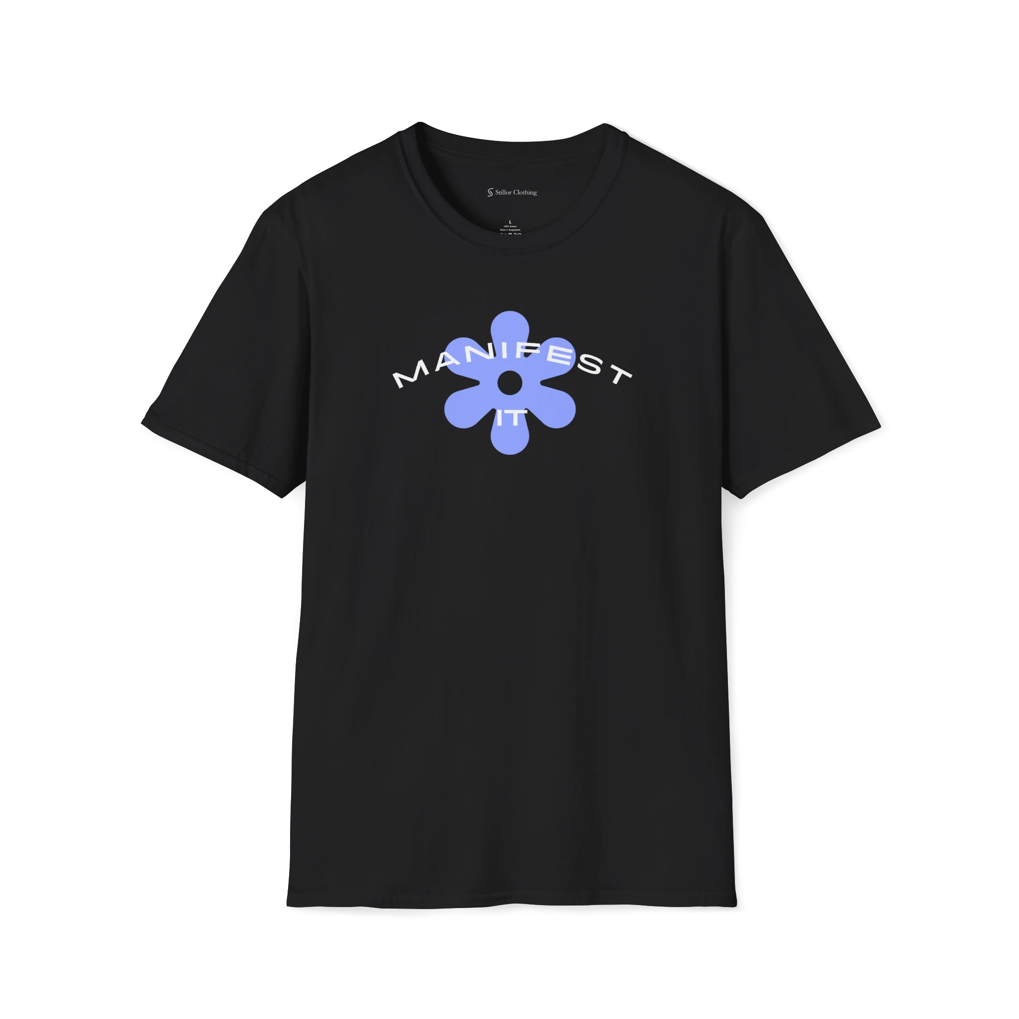 Black Manifest It T-Shirt, front view with curved text and blue flower graphic on the chest