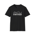 Black Matrix T-shirt, front view with black dotted wave graphic and matrix text.