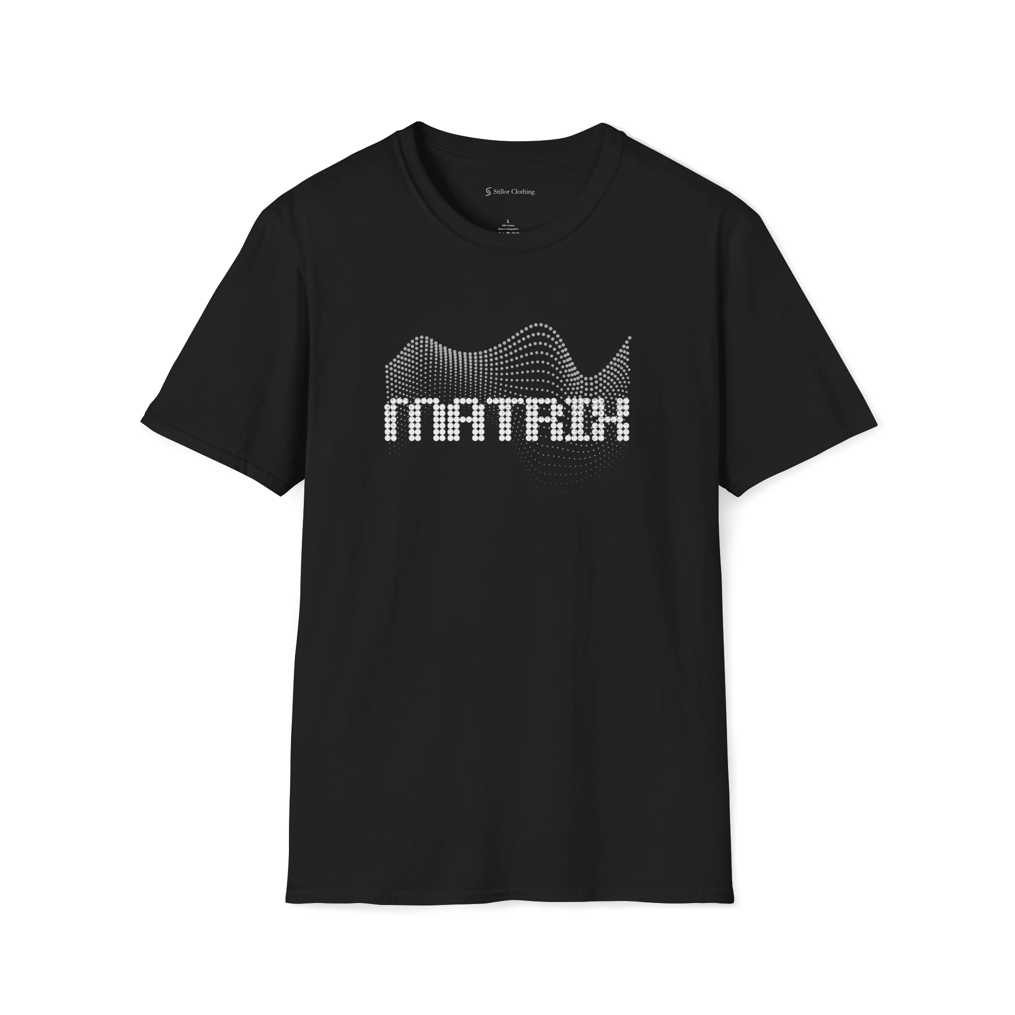Black Matrix T-shirt, front view with black dotted wave graphic and matrix text.