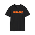 Black Miracle Of Life T-shirt, front view with orange miracle text and black cursive of life detail