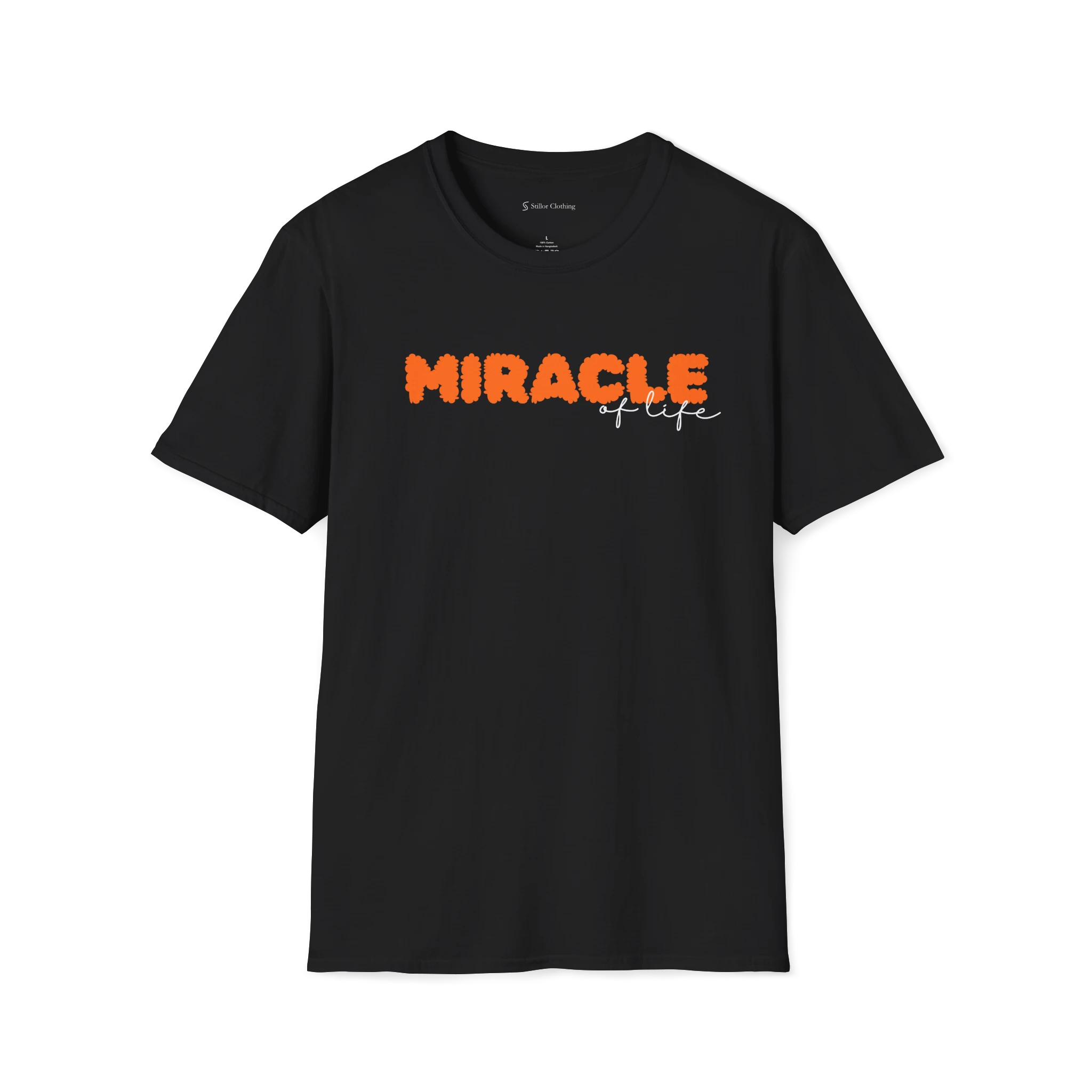 Black Miracle Of Life T-shirt, front view with orange miracle text and black cursive of life detail