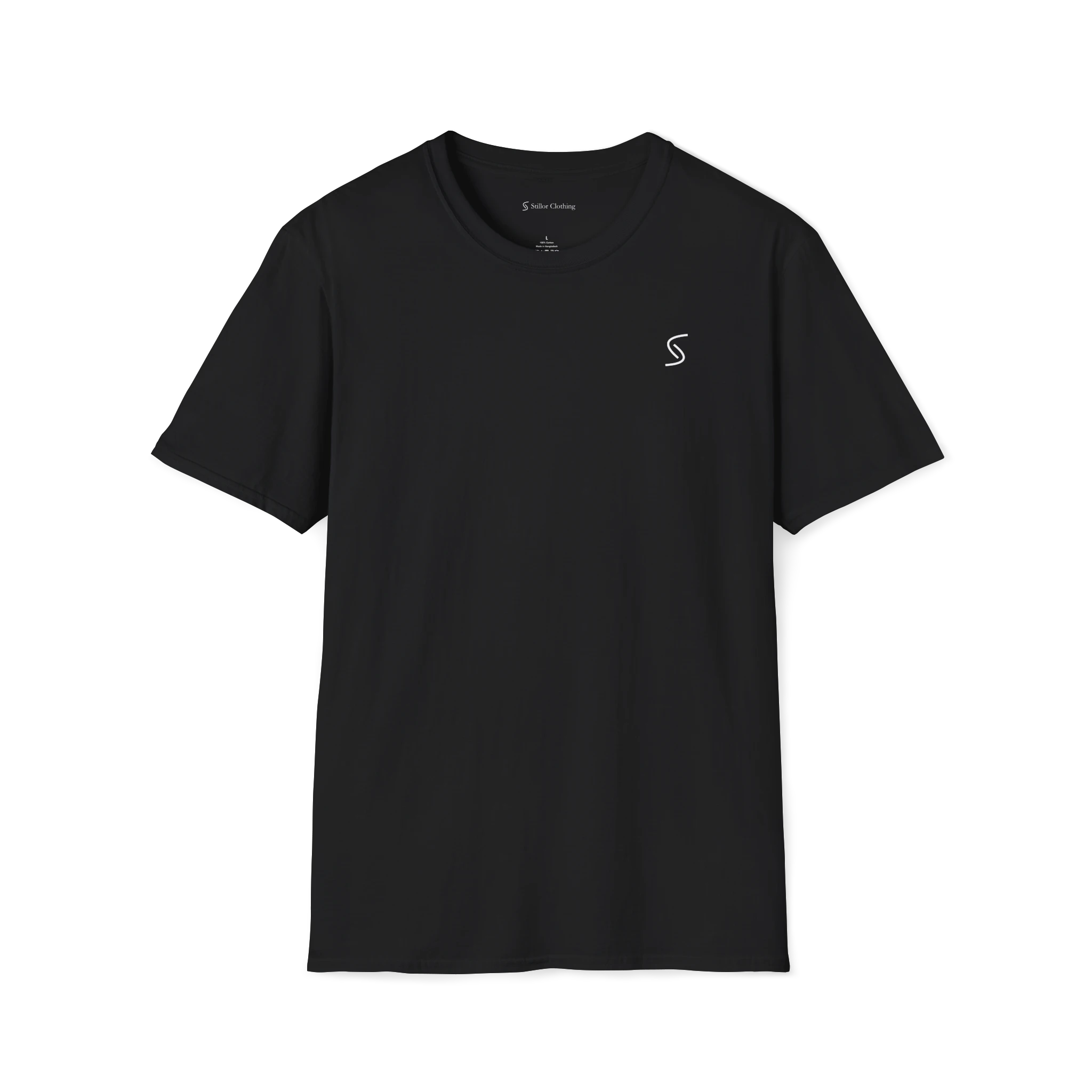 Black Monogram T-Shirt, front view with small black Stillor monogram on chest