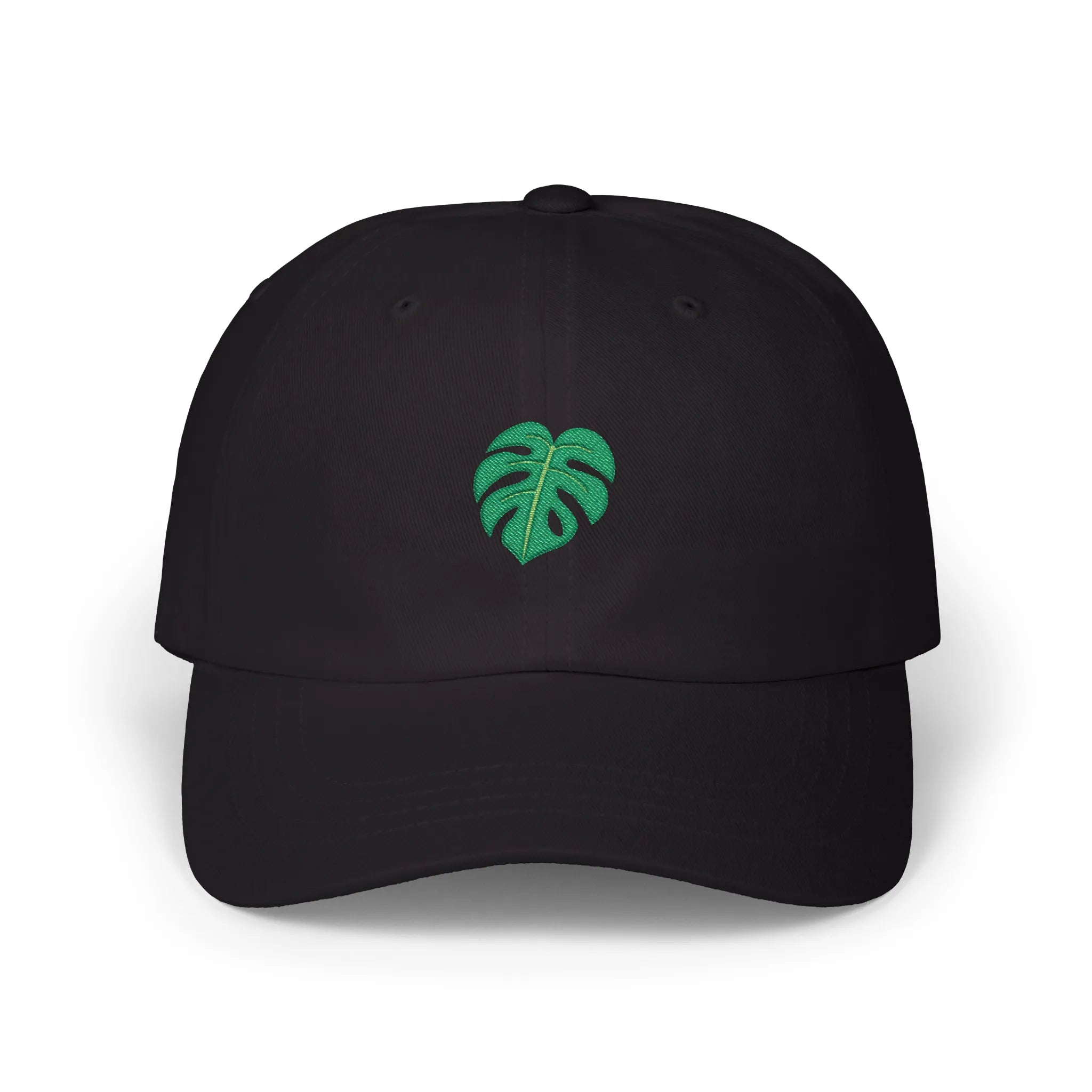 Black monstera leaf baseball cap, front view with green monstera leaf embroidery