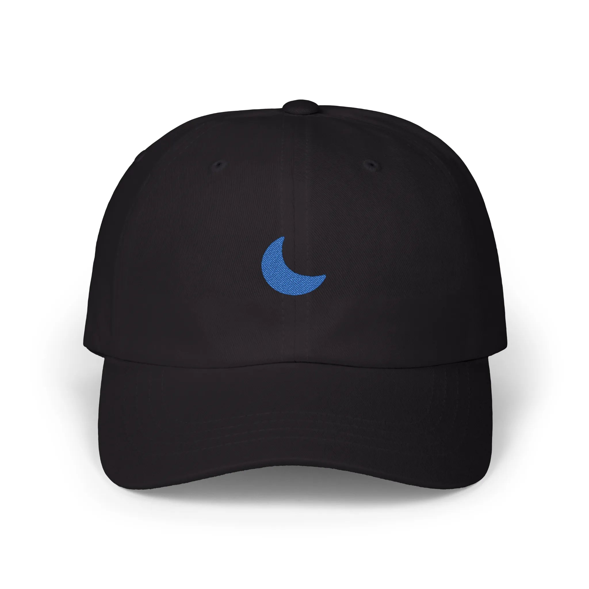 Black moon baseball cap, front view with blue crescent moon embroidery at center