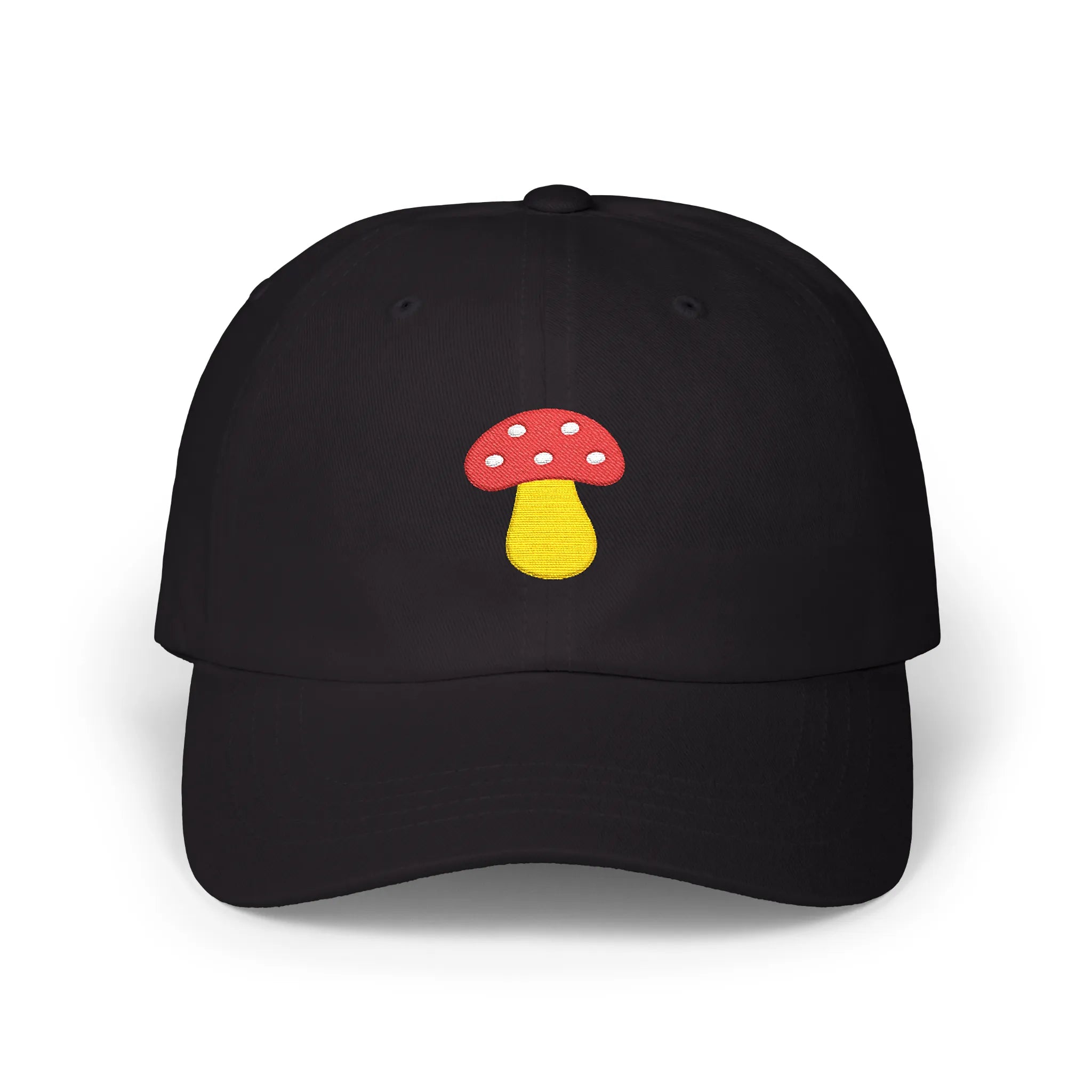 Black mushroom baseball cap, front view with red and yellow mushroom embroidery