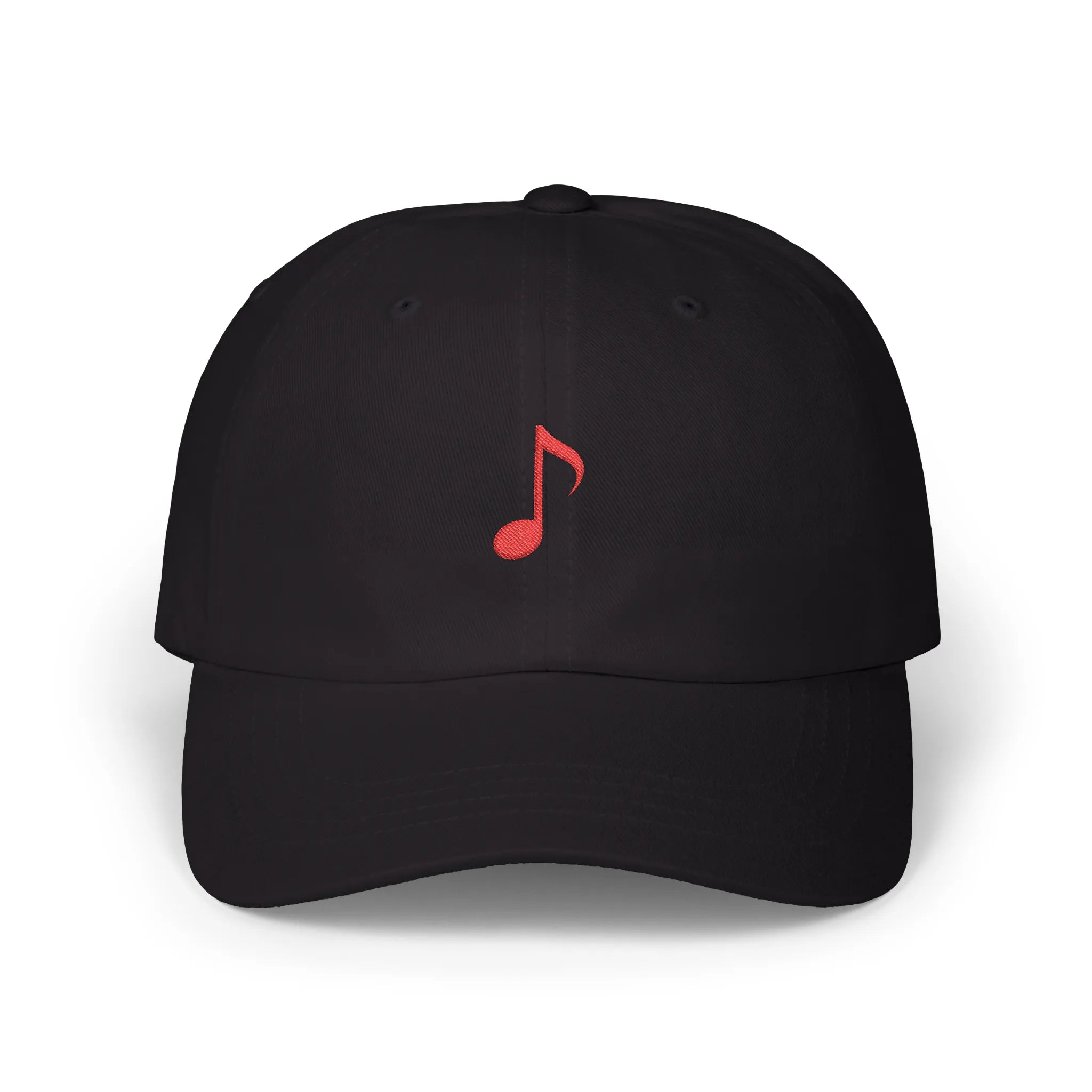 Black music note baseball cap, front view with red music note embroidery at center