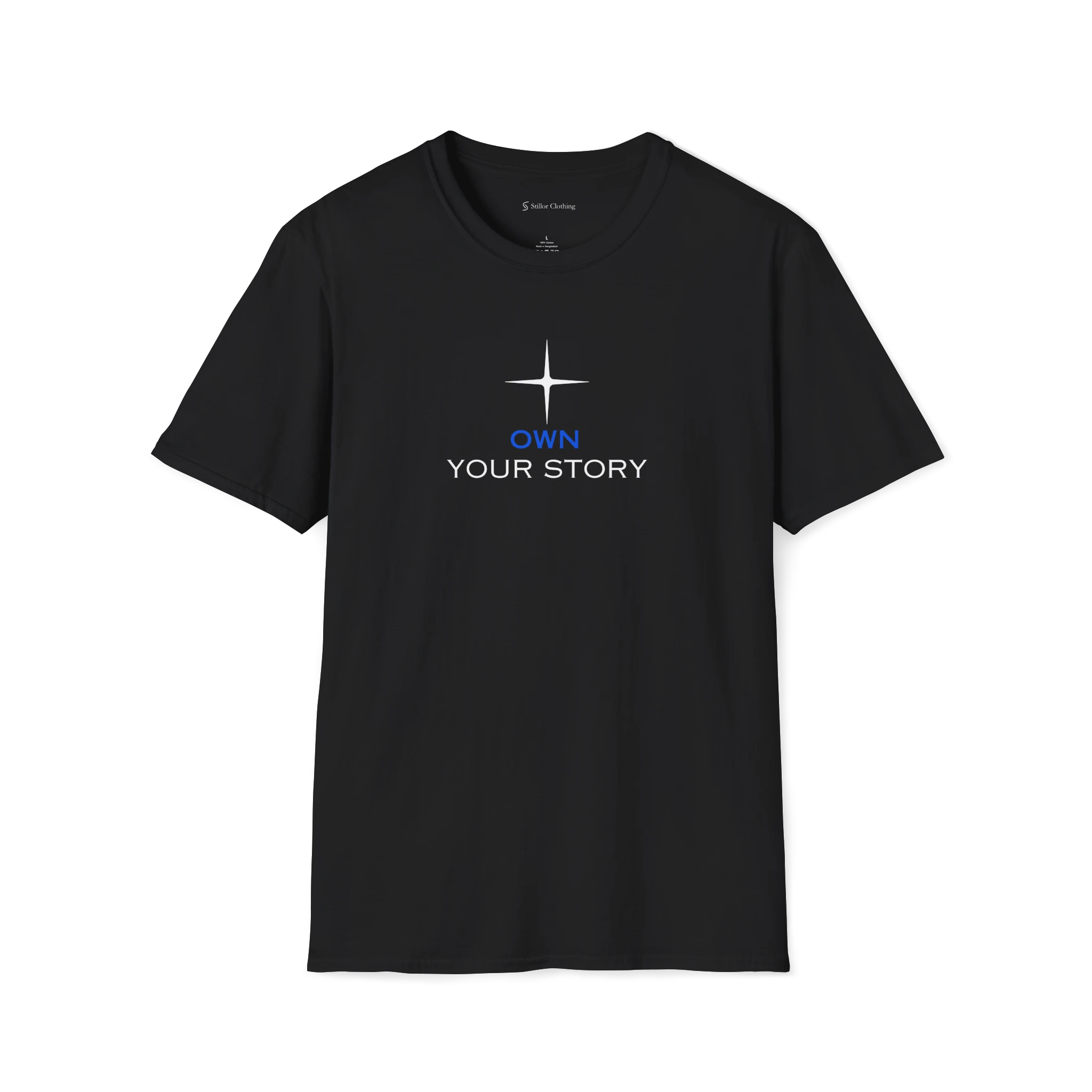 Black Own Your Story T-Shirt, front view with star icon above blue and black text print.