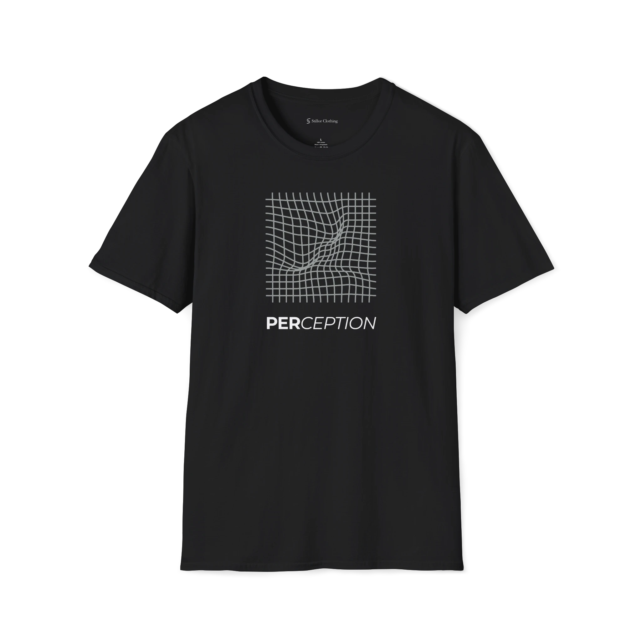 Black Perception T-shirt, front view with grey warped grid graphic and bold PERCEPTION text