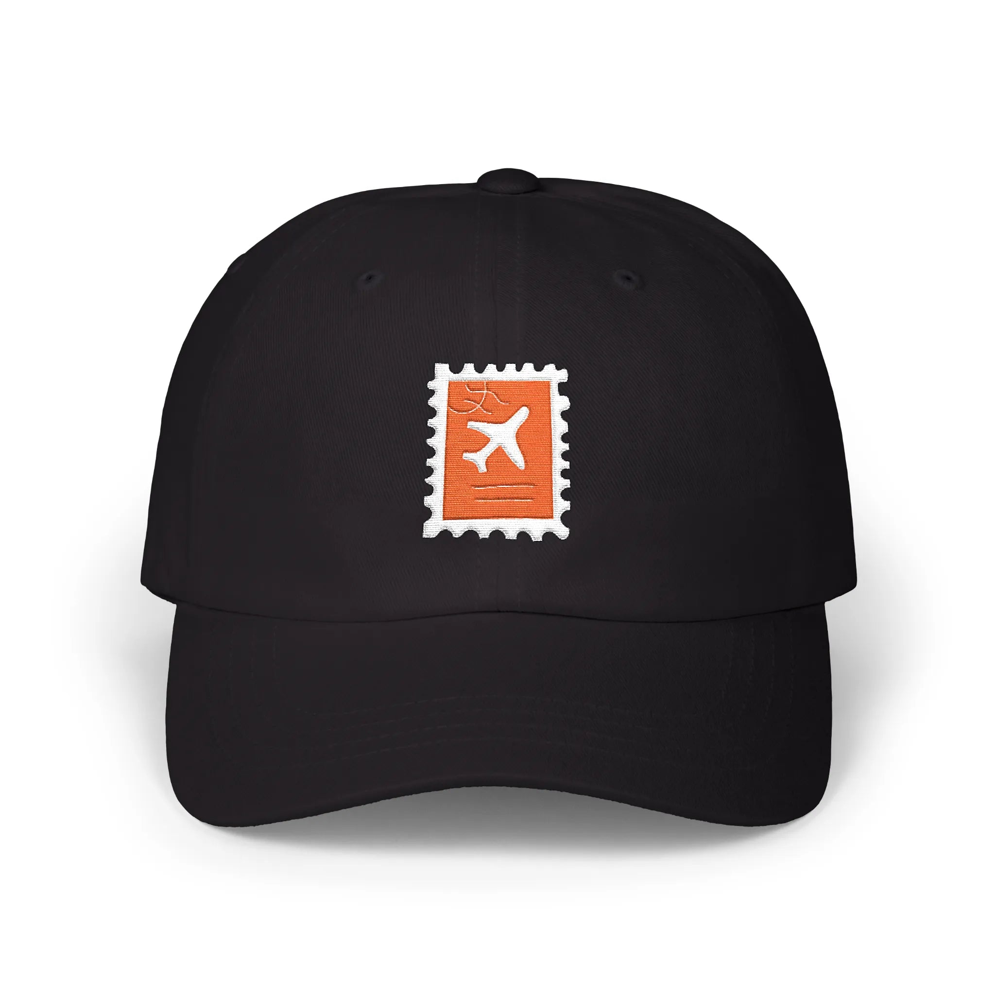 Black plane ticket baseball cap, front view with orange stamp and airplane embroidery