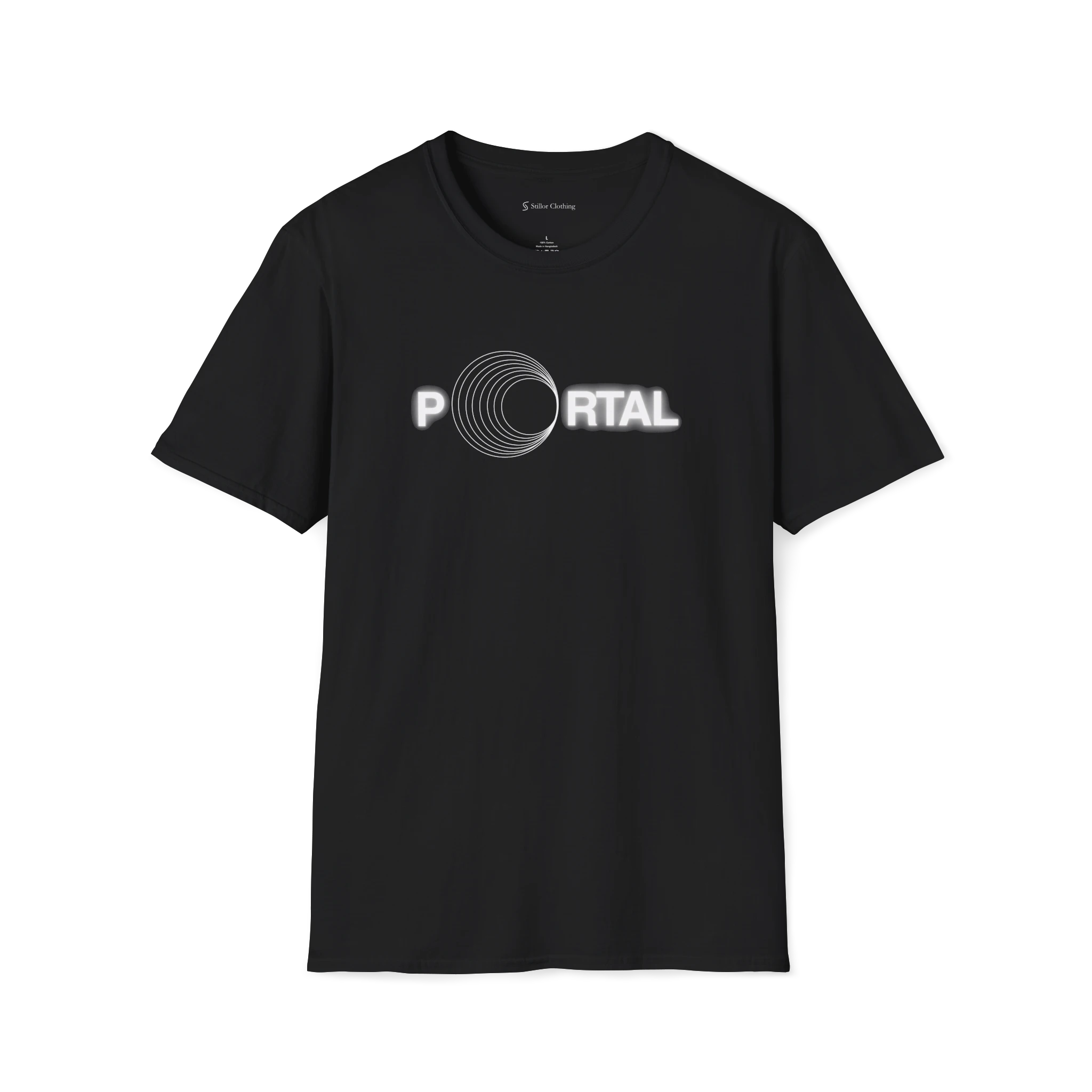 Black Portal T-Shirt, front view with circular tunnel graphic replacing the O in Portal