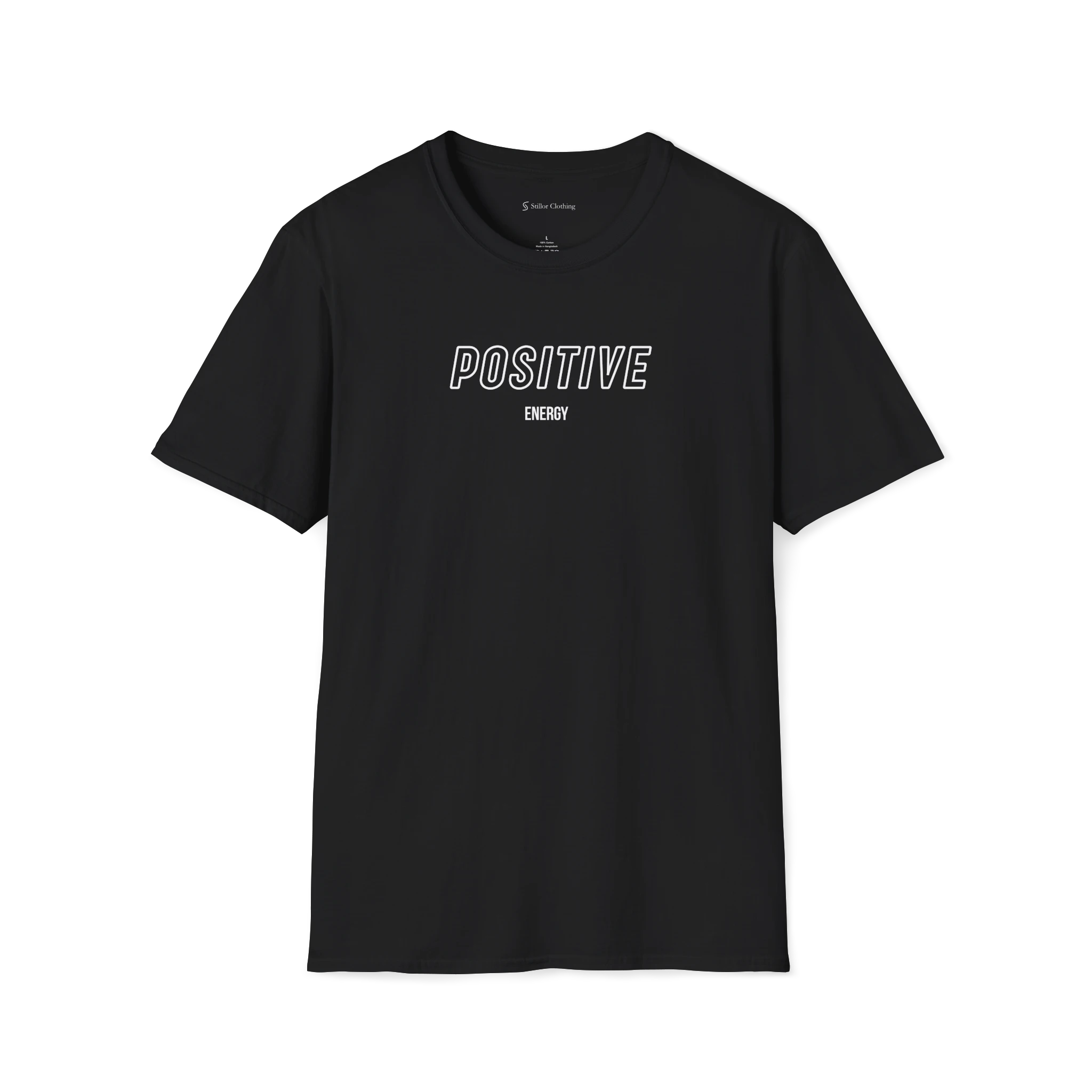 Black Positive Energy T-Shirt, front view with outlined POSITIVE text and small ENERGY lettering on the chest.