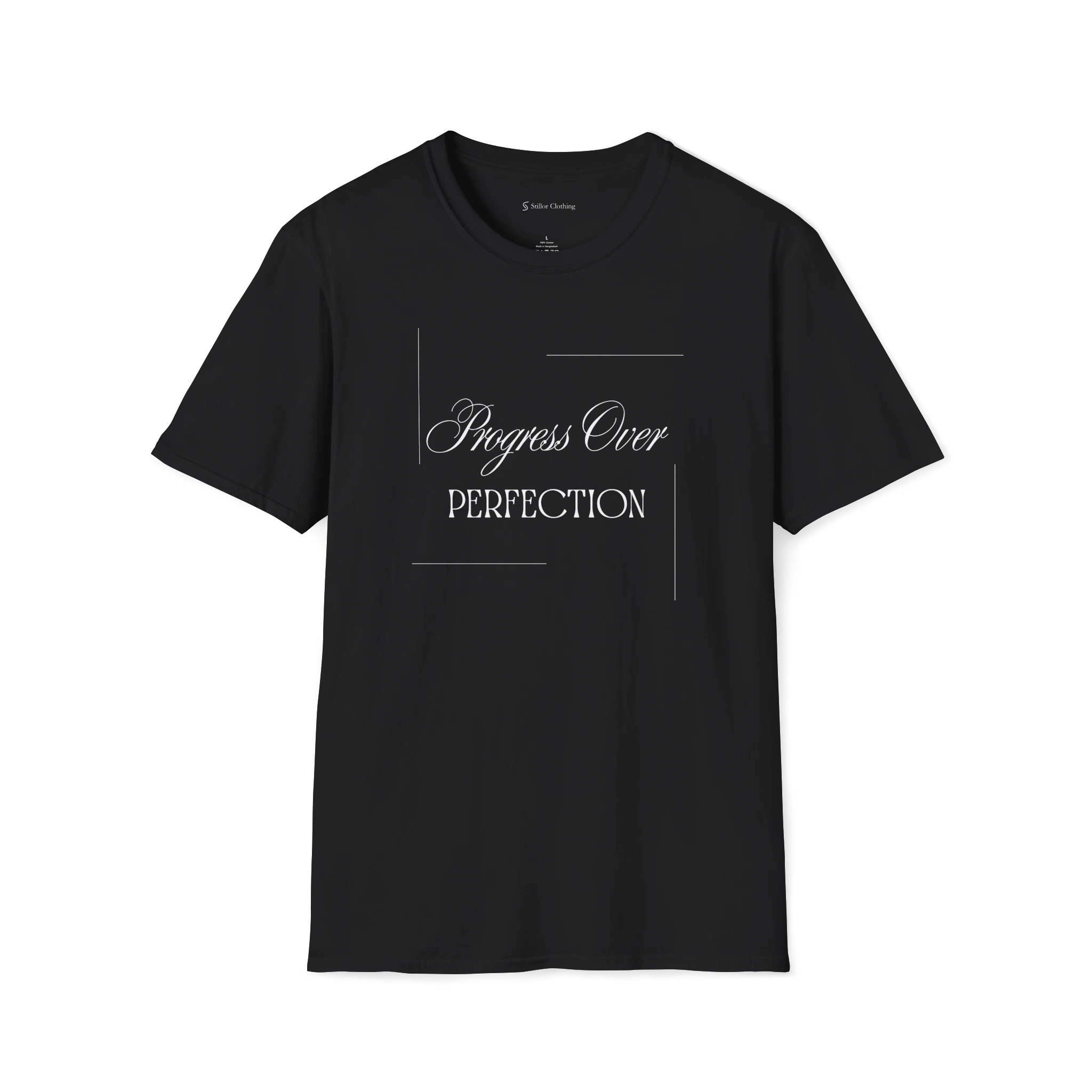 Black Progress Over Perfection T-Shirt, front view with elegant script and serif text print.