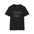 Black Progress T-Shirt, front view with black halftone moon phase graphic and progress text