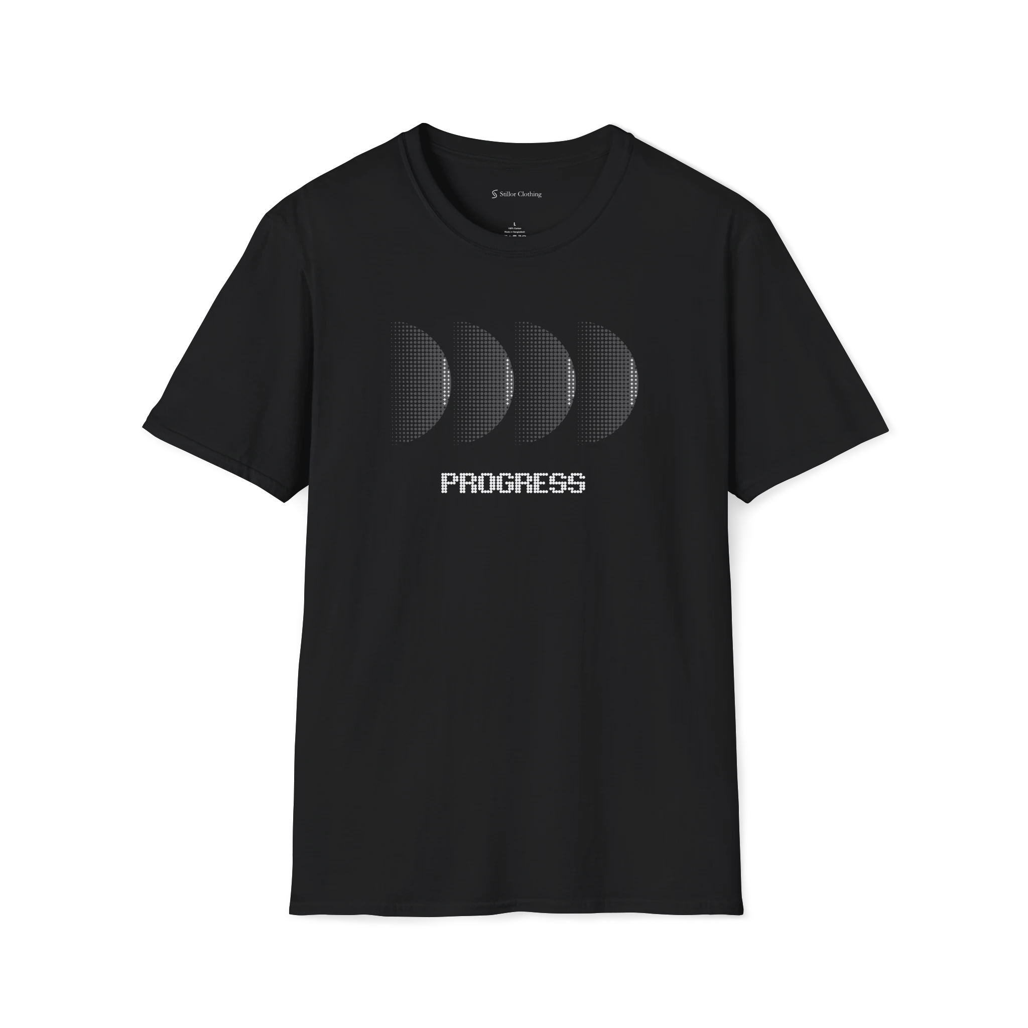 Black Progress T-Shirt, front view with black halftone moon phase graphic and progress text