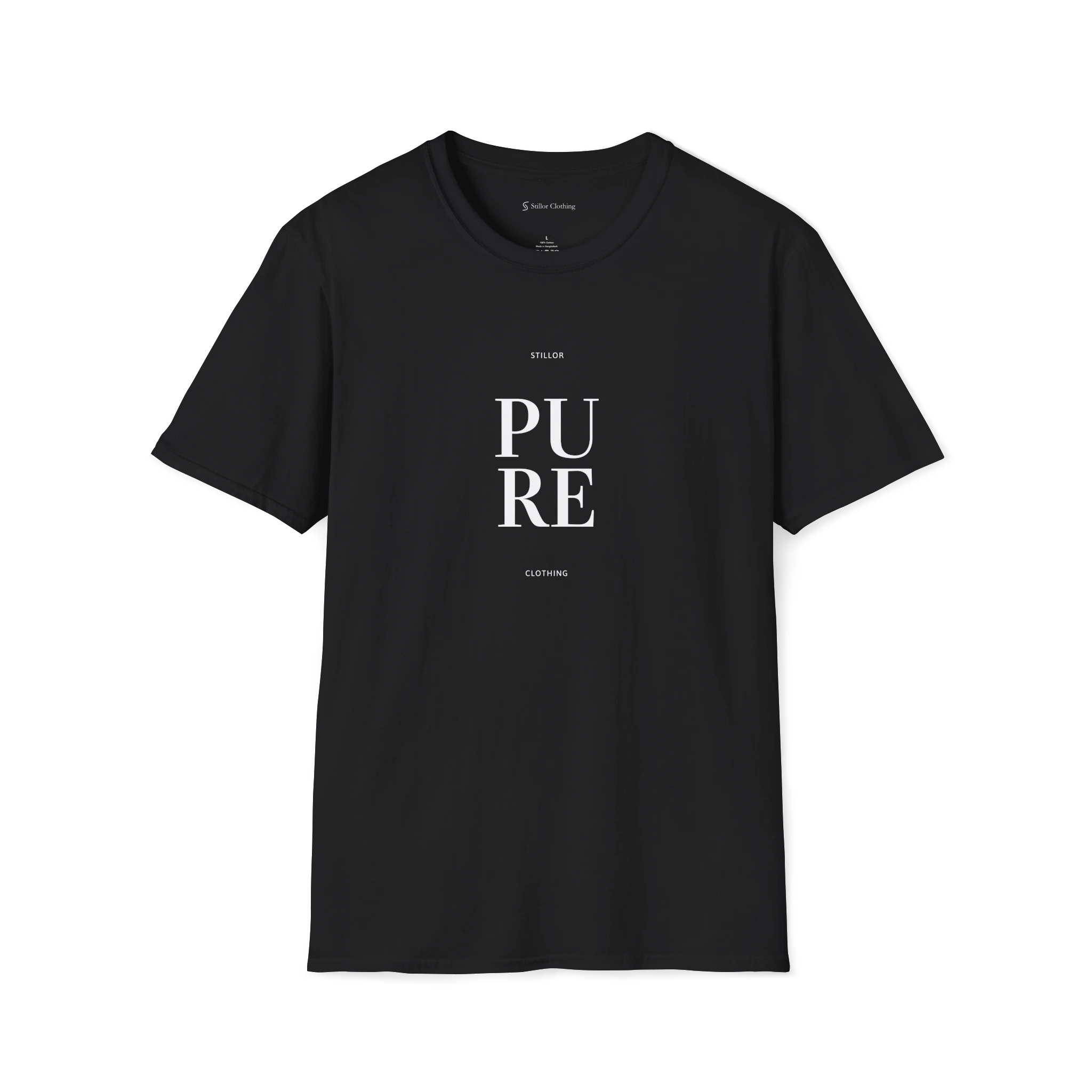 Black Pure T-shirt, front view with minimalist stacked PURE typography print