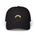 Black rainbow baseball cap, front view with small multicolor rainbow embroidery