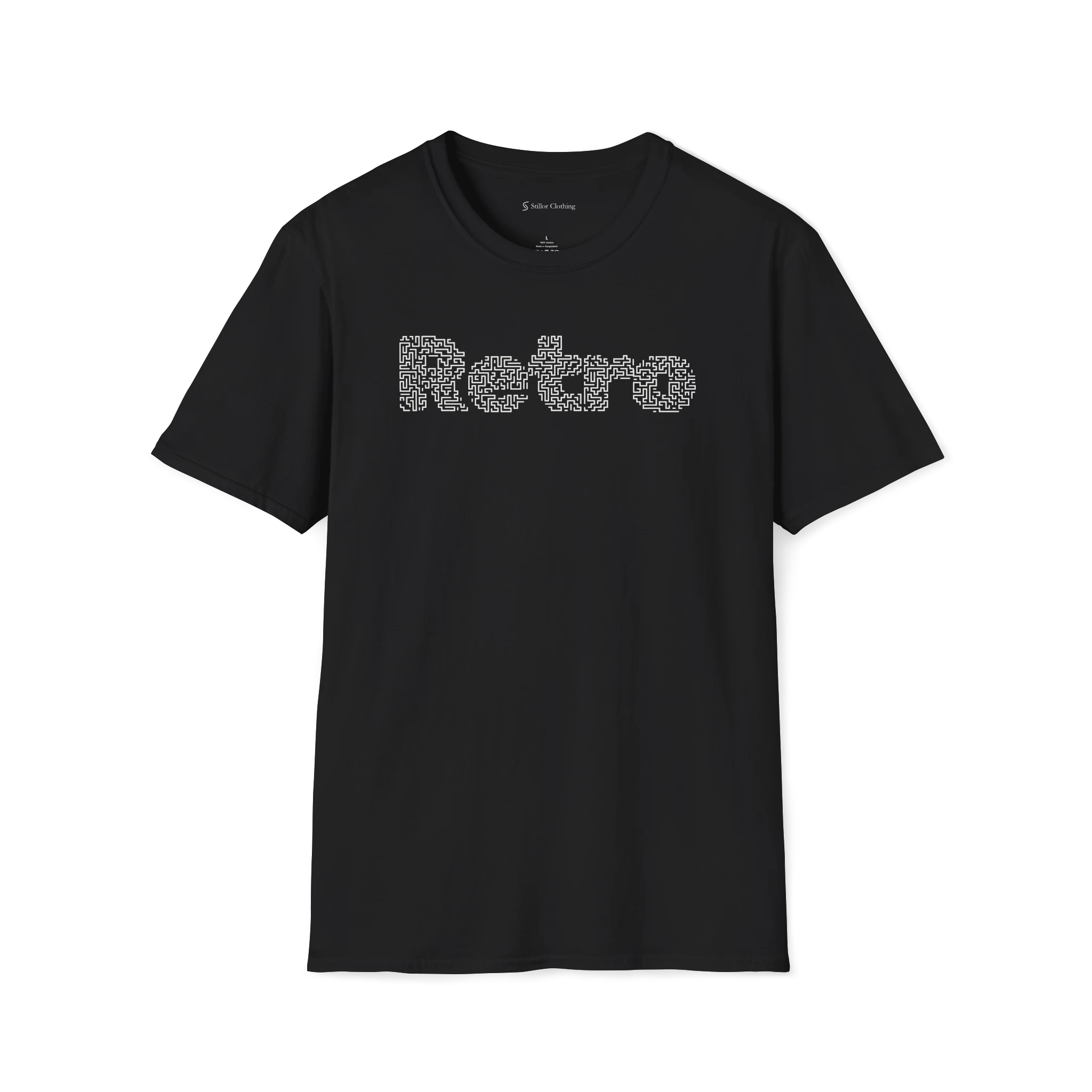 Black Retro T-Shirt, front view with white maze-style retro text graphic across the chest.