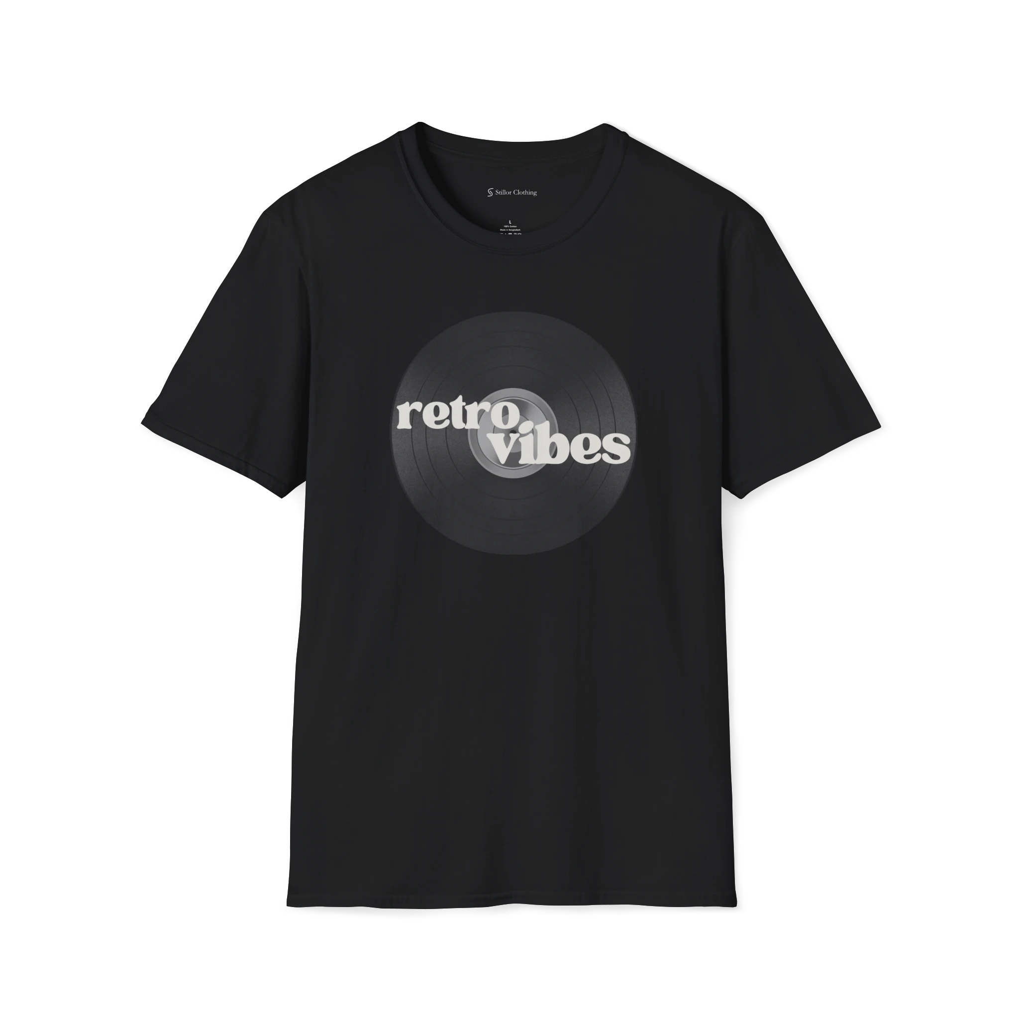 Black Retro Vibes t-shirt, front view with black vinyl record graphic and bold retro lettering