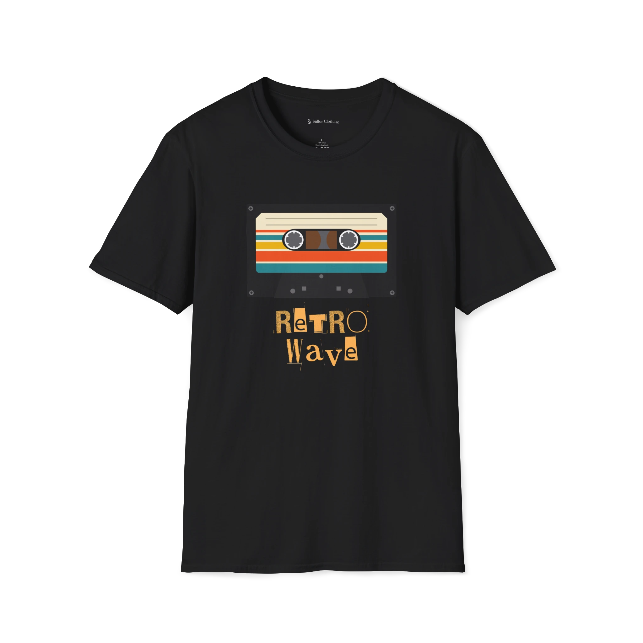 Black Retro Wave T-Shirt, front view with cassette tape graphic and orange retro lettering.