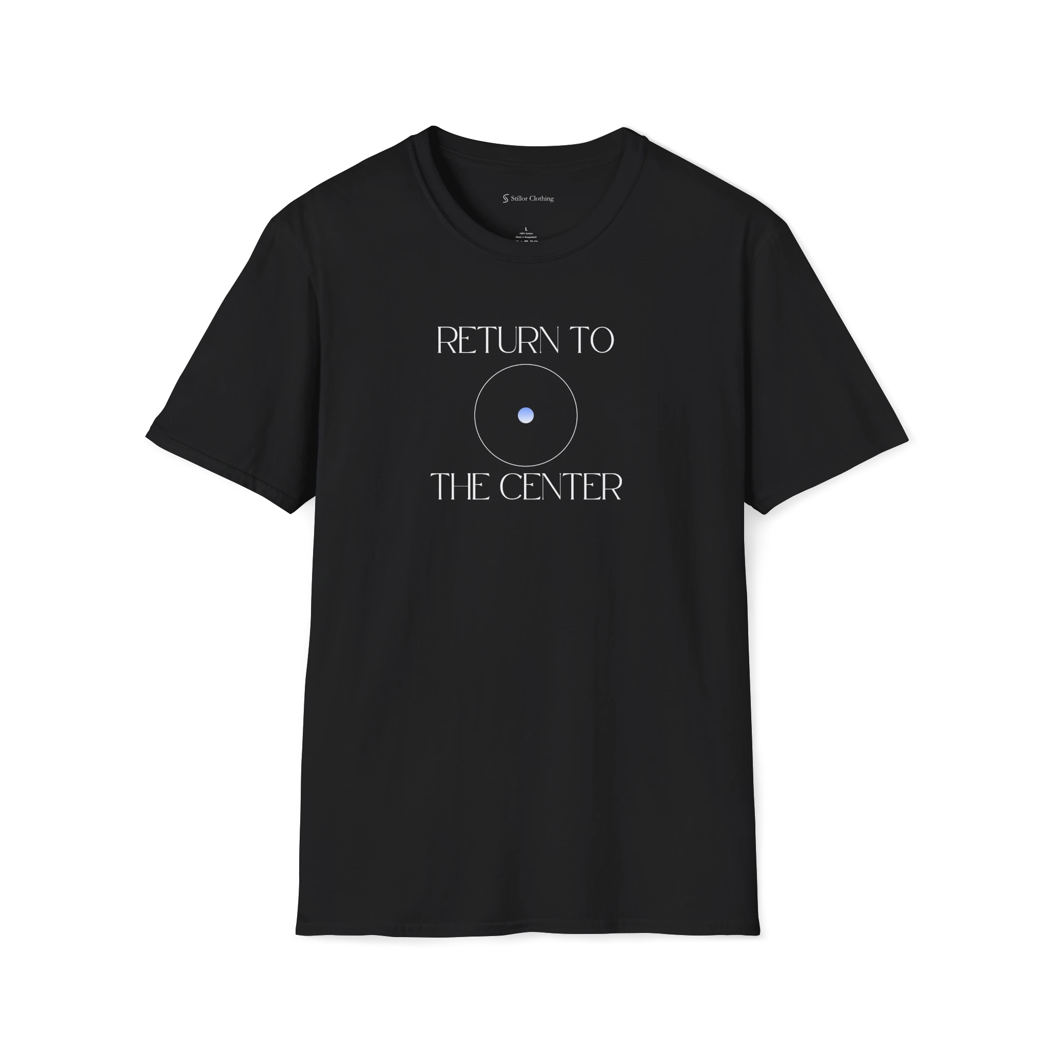 Black Return To The Center t-shirt, front view with white circular center graphic and text