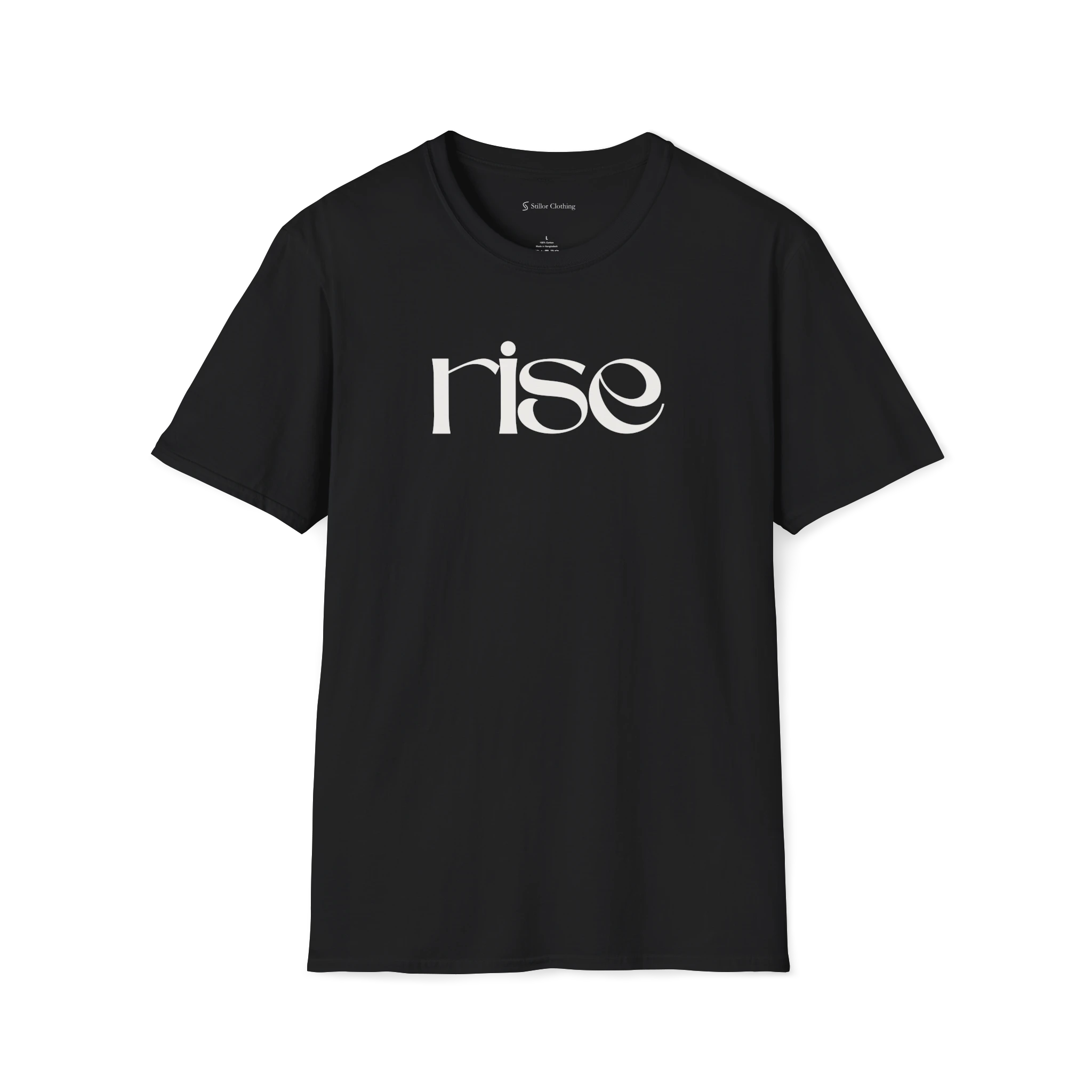 Black Rise t-shirt, front view with white minimalist typography design