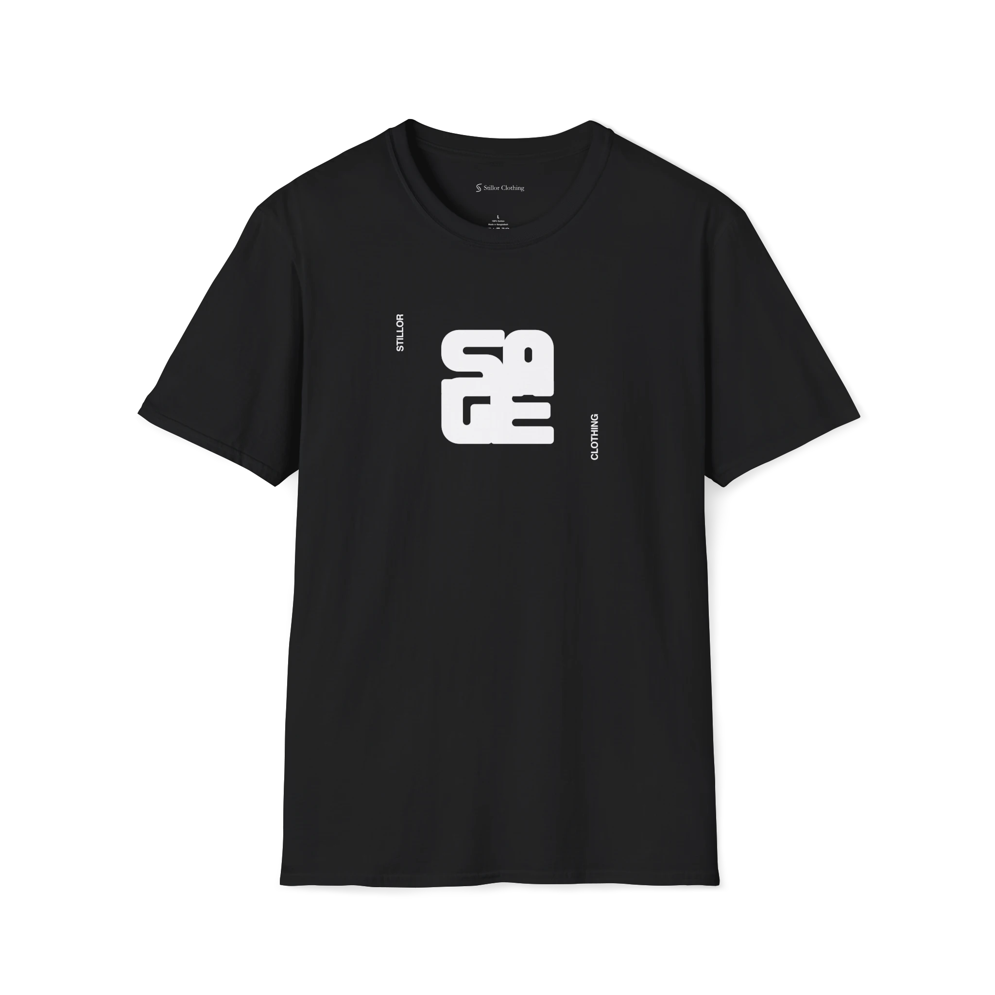 Black Sage T-Shirt, front view with bold white monogram graphic and vertical Stillor Clothing text.