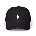 Black Sarange baseball cap, front view with Korean finger heart embroidery and small pink heart