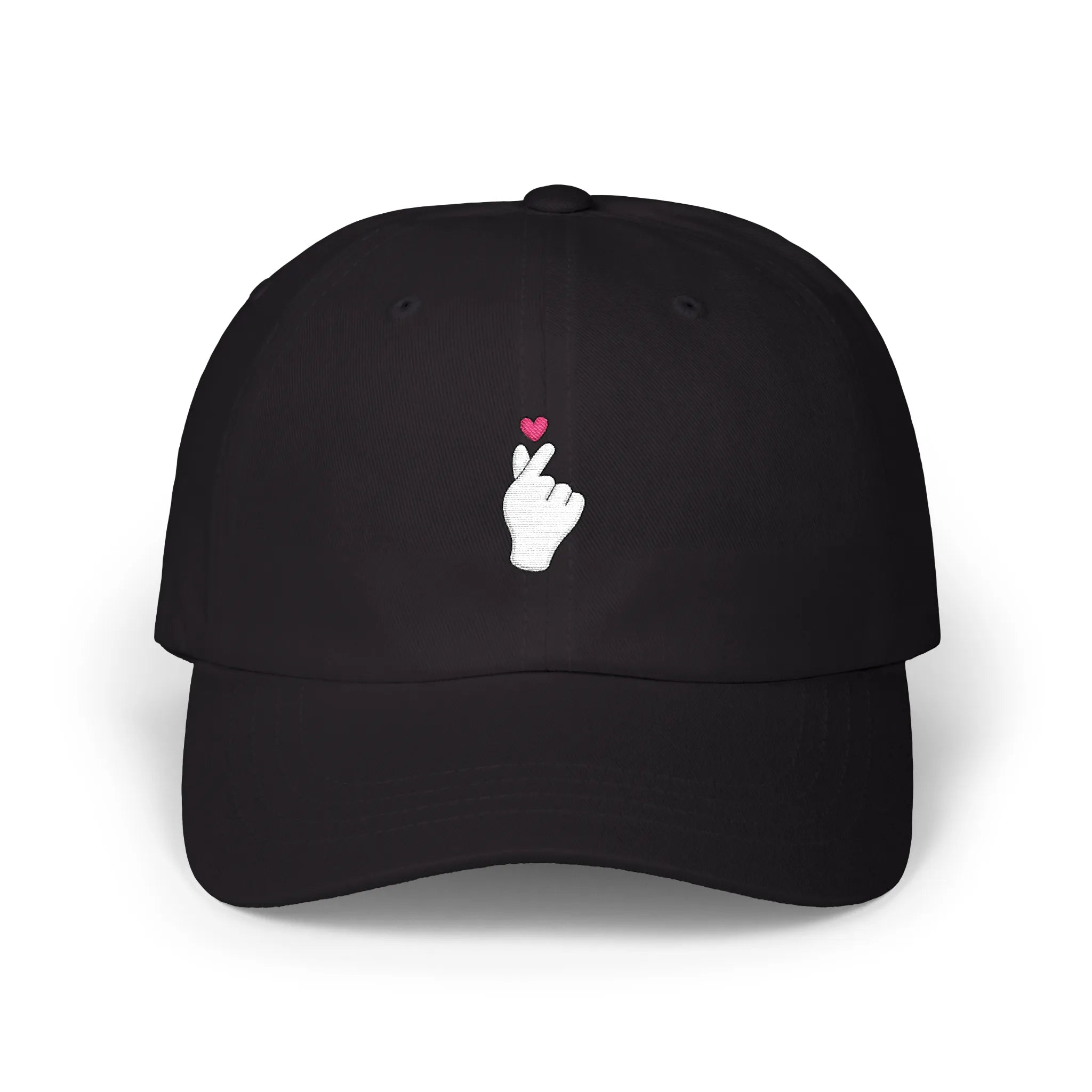 Black Sarange baseball cap, front view with Korean finger heart embroidery and small pink heart
