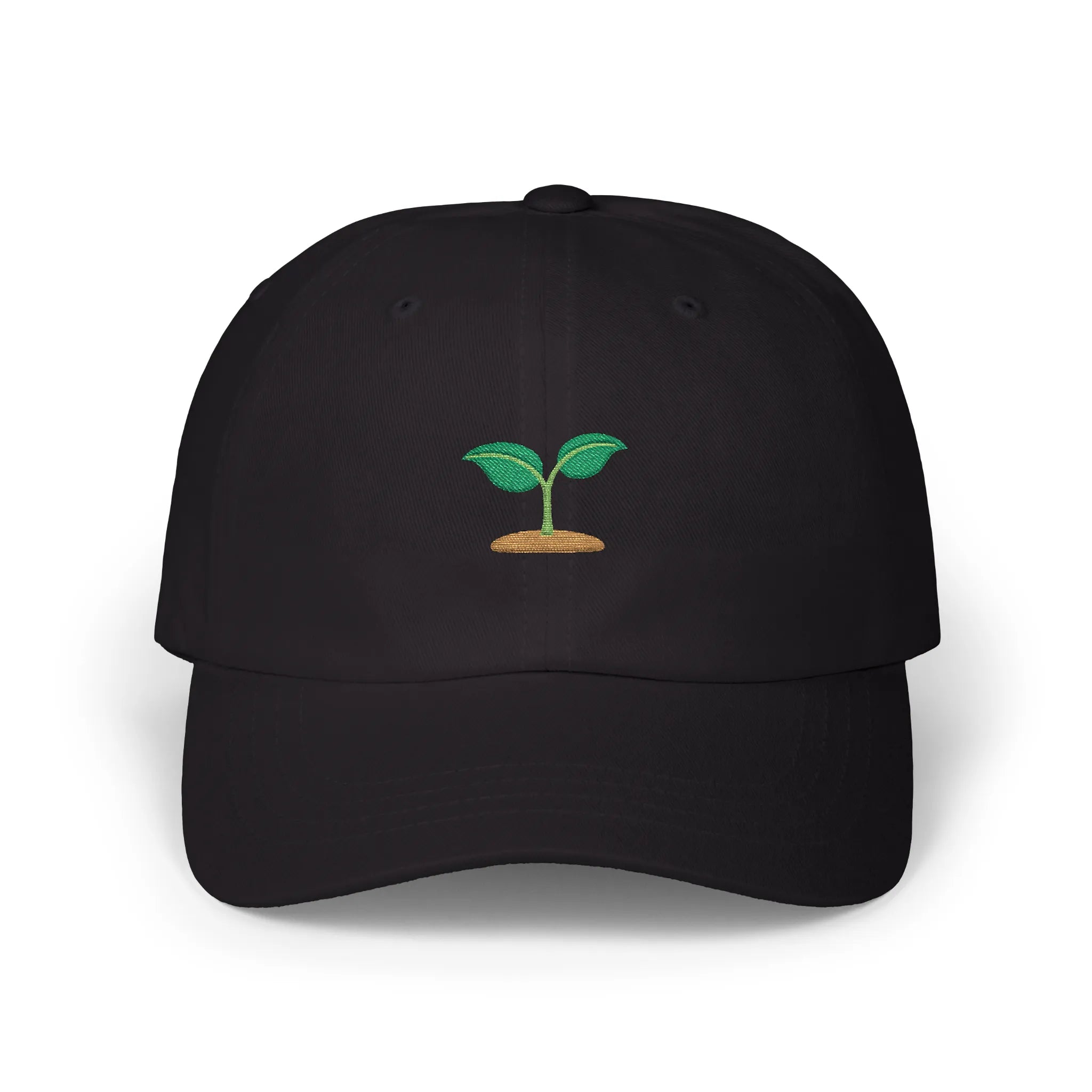 Black seedling baseball cap, front view with small green sprout embroidery above brown soil