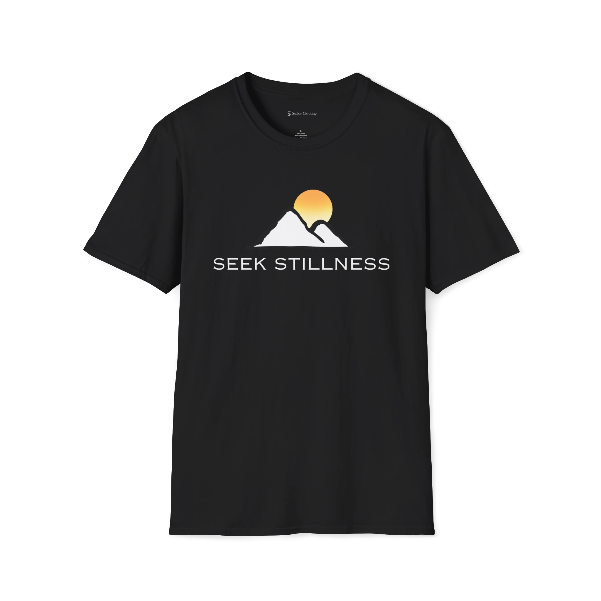 Black Seek Stillness t-shirt, front view with mountain line art and rising sun graphic.