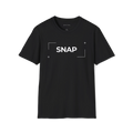 Black Snap t-shirt, front view with white SNAP text, camera focus corners, and small star accents