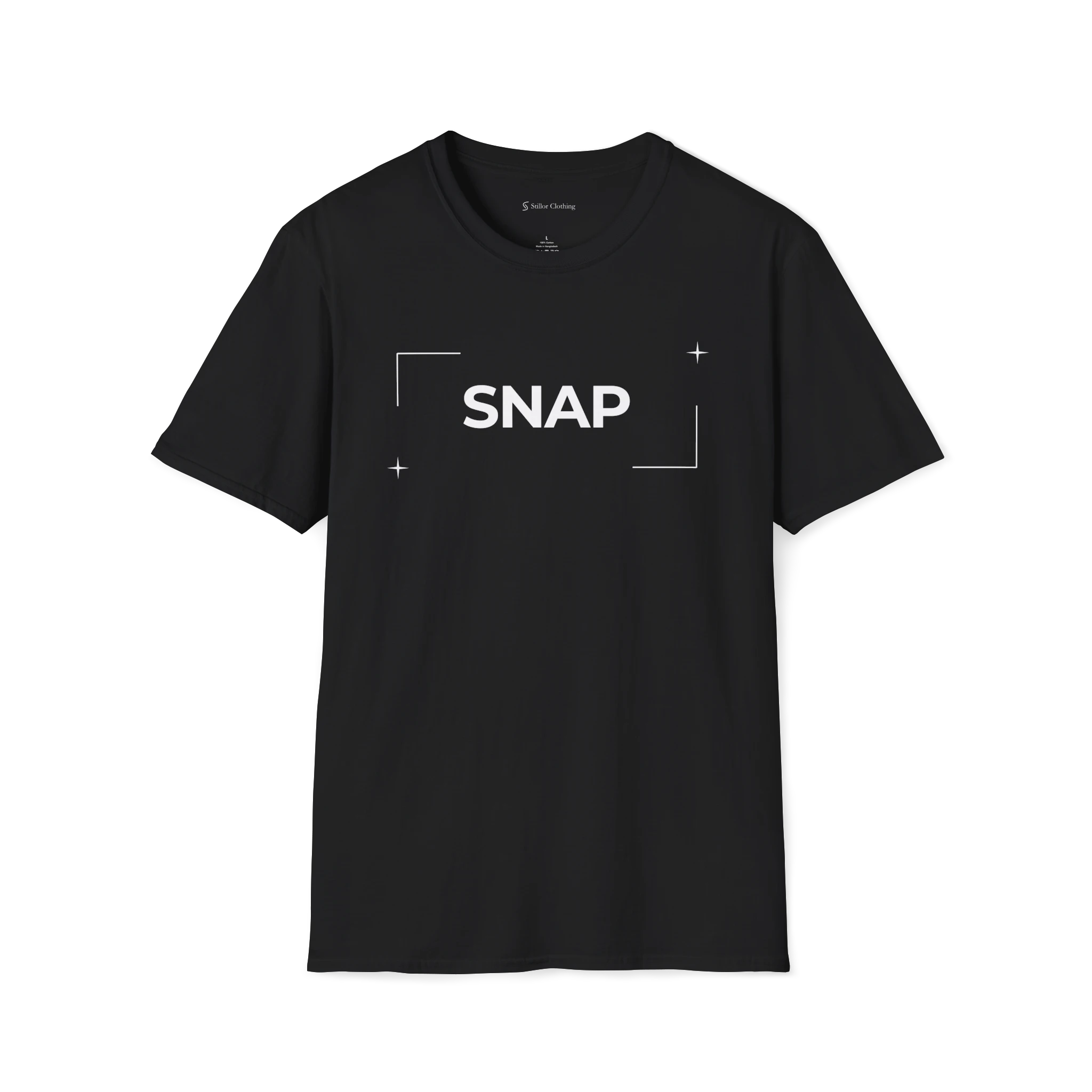 Black Snap t-shirt, front view with white SNAP text, camera focus corners, and small star accents